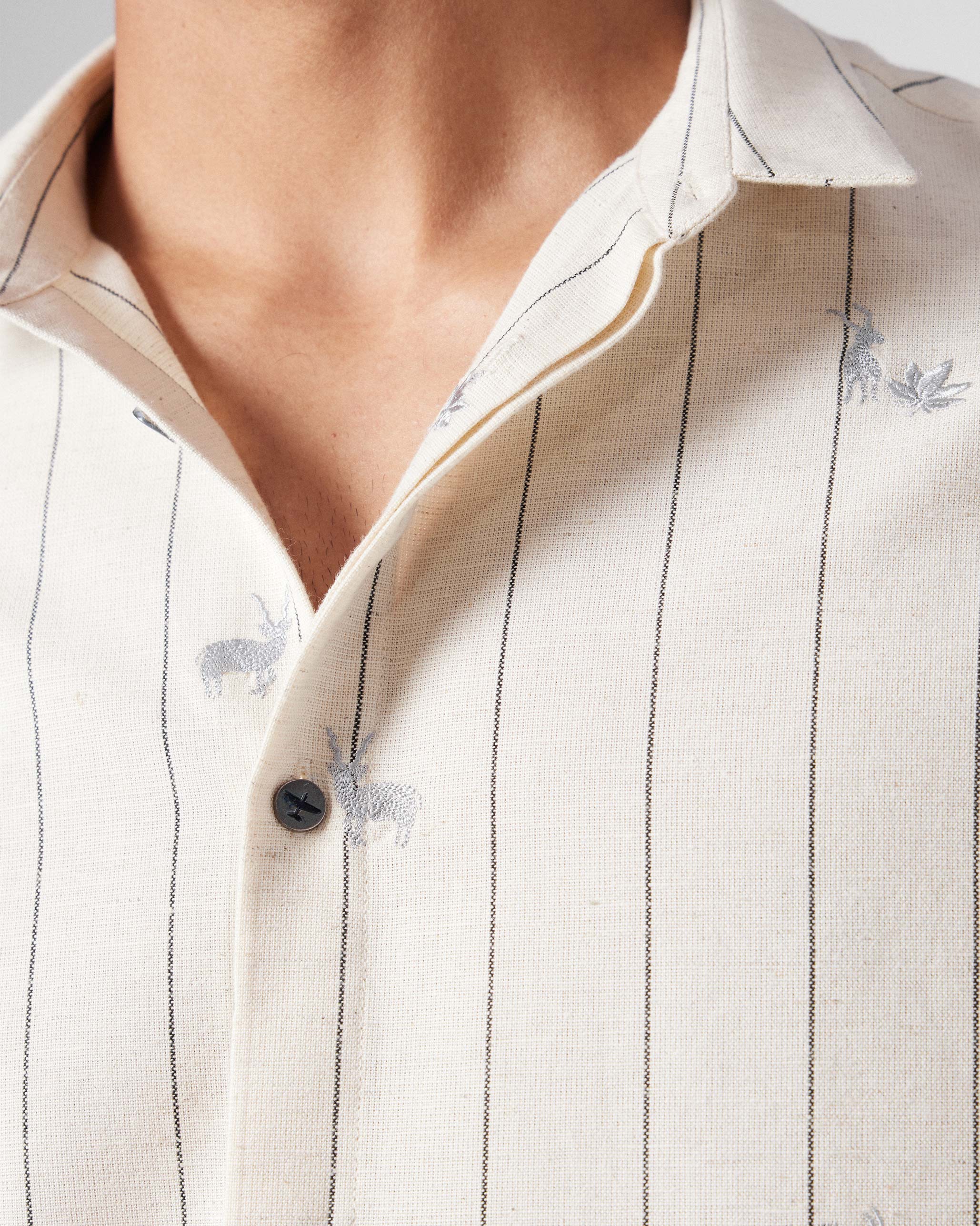Riverine Shirt - Ivory & Charcoal Embroidered