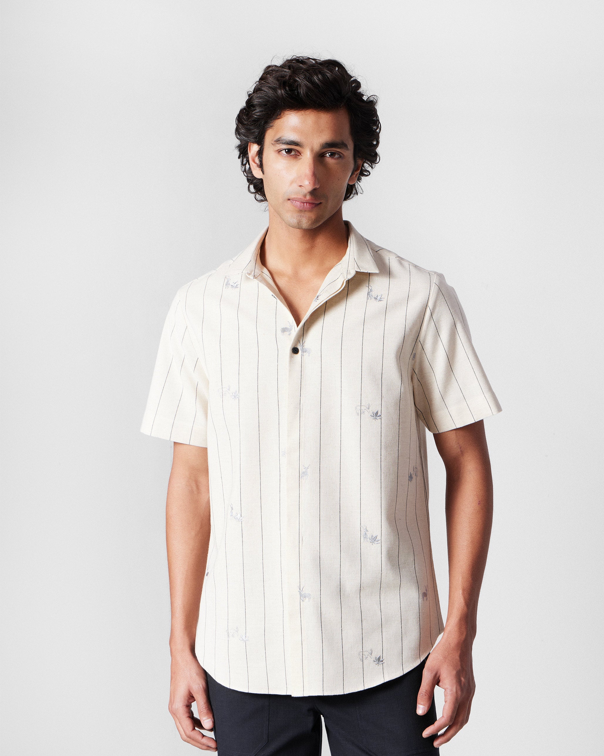 Riverine Shirt - Ivory & Charcoal Embroidered