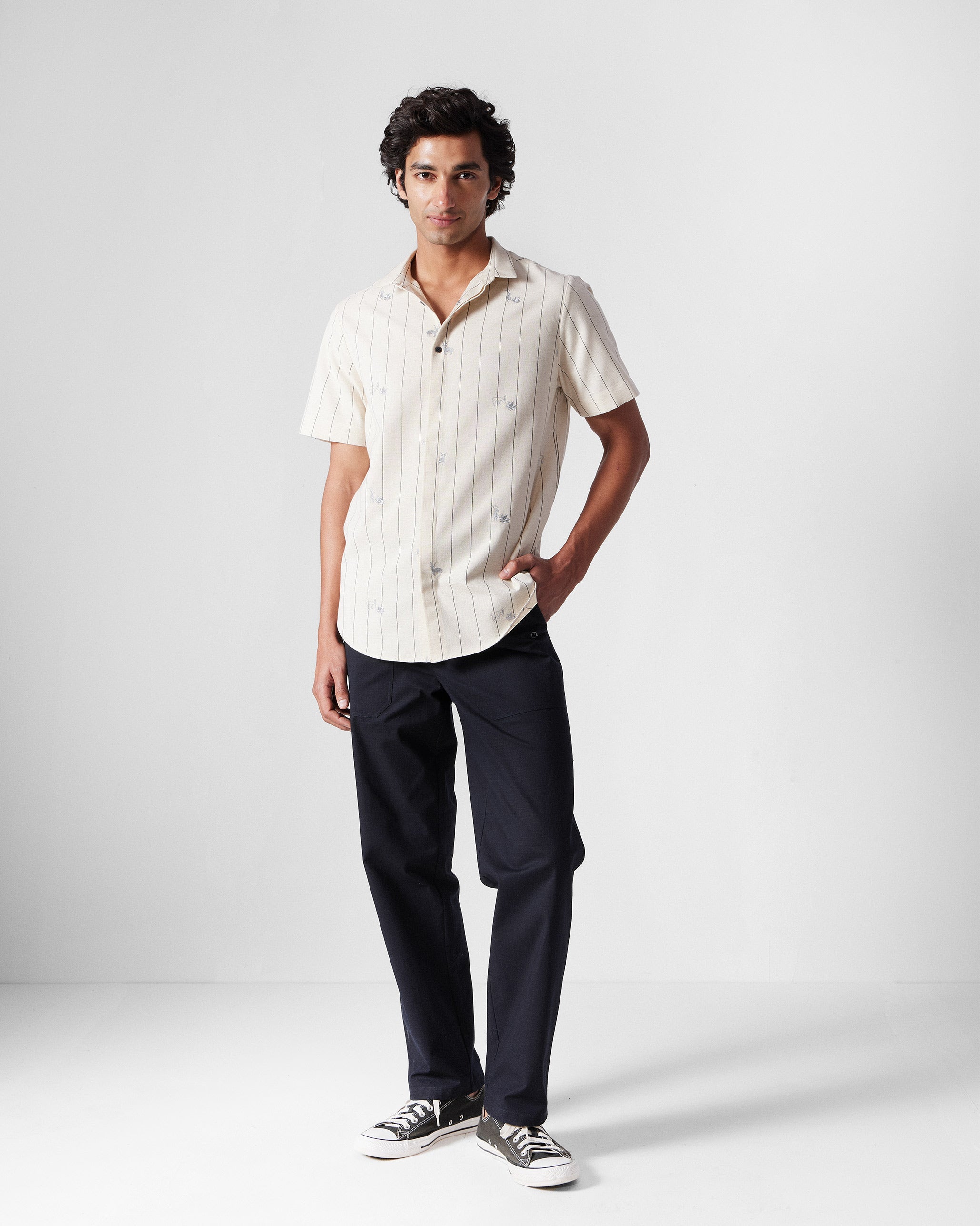 Riverine Shirt - Ivory & Charcoal Embroidered