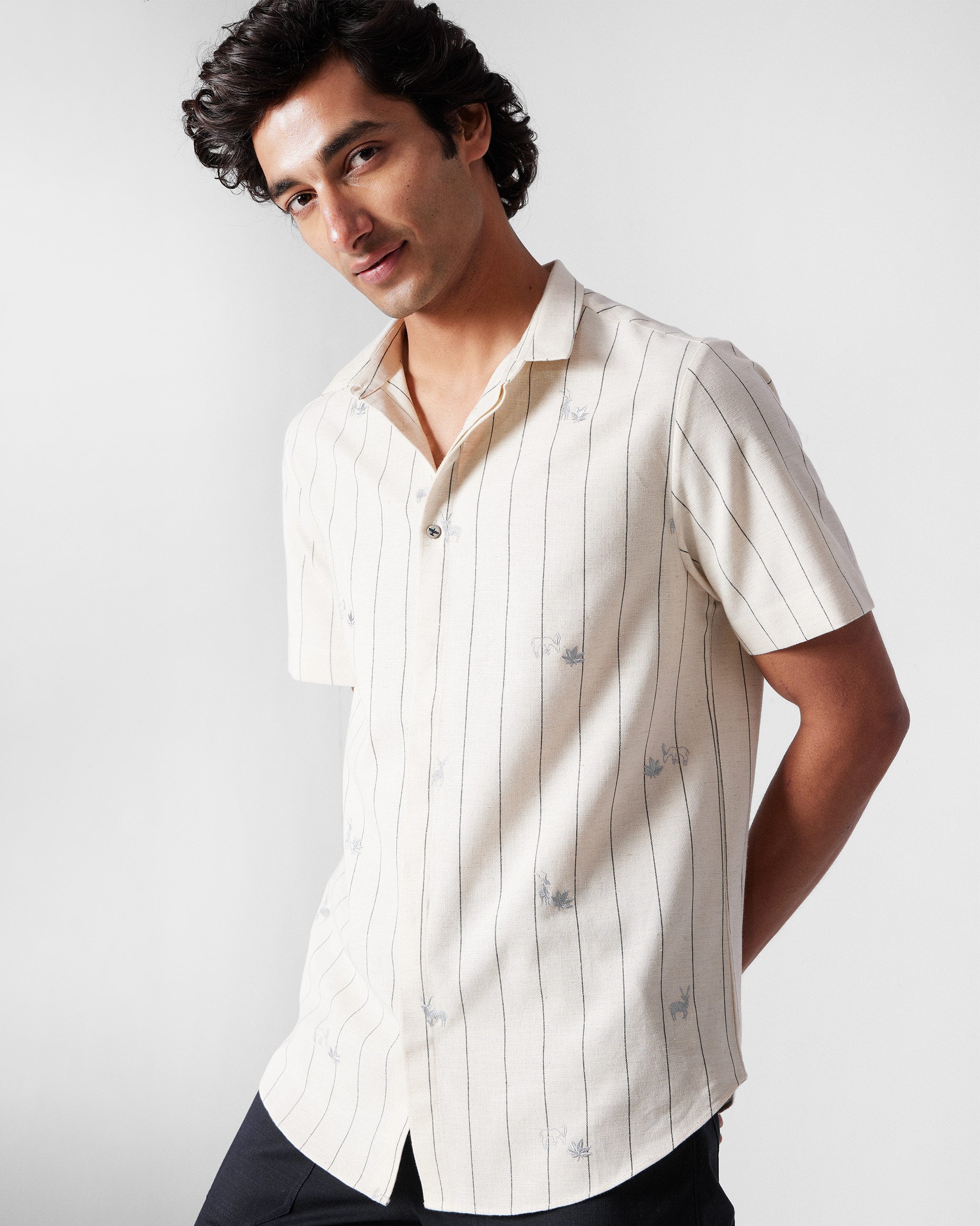 Riverine Shirt - Ivory & Charcoal Embroidered