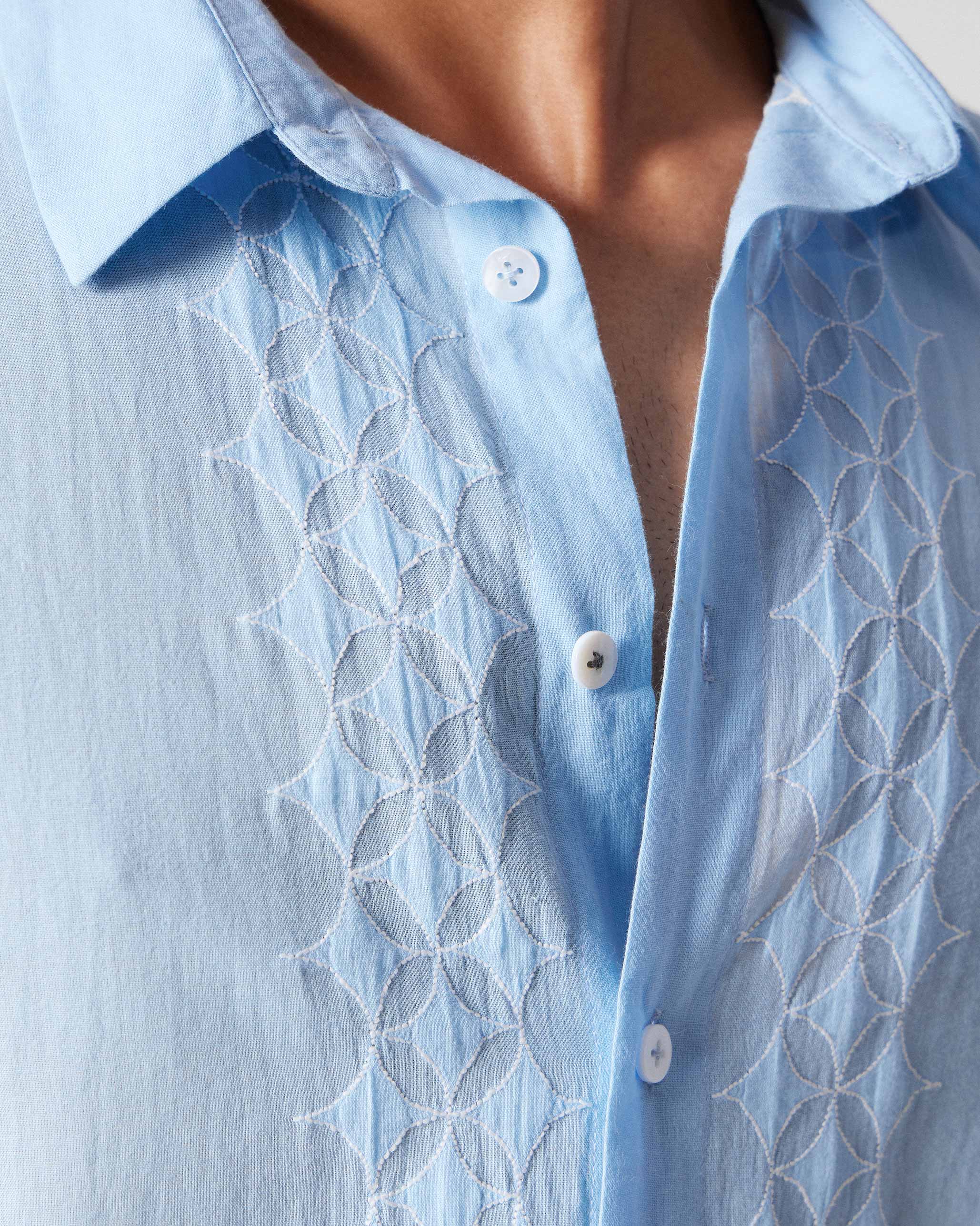 Half Sleeve Shirt - Light Blue Embroidered