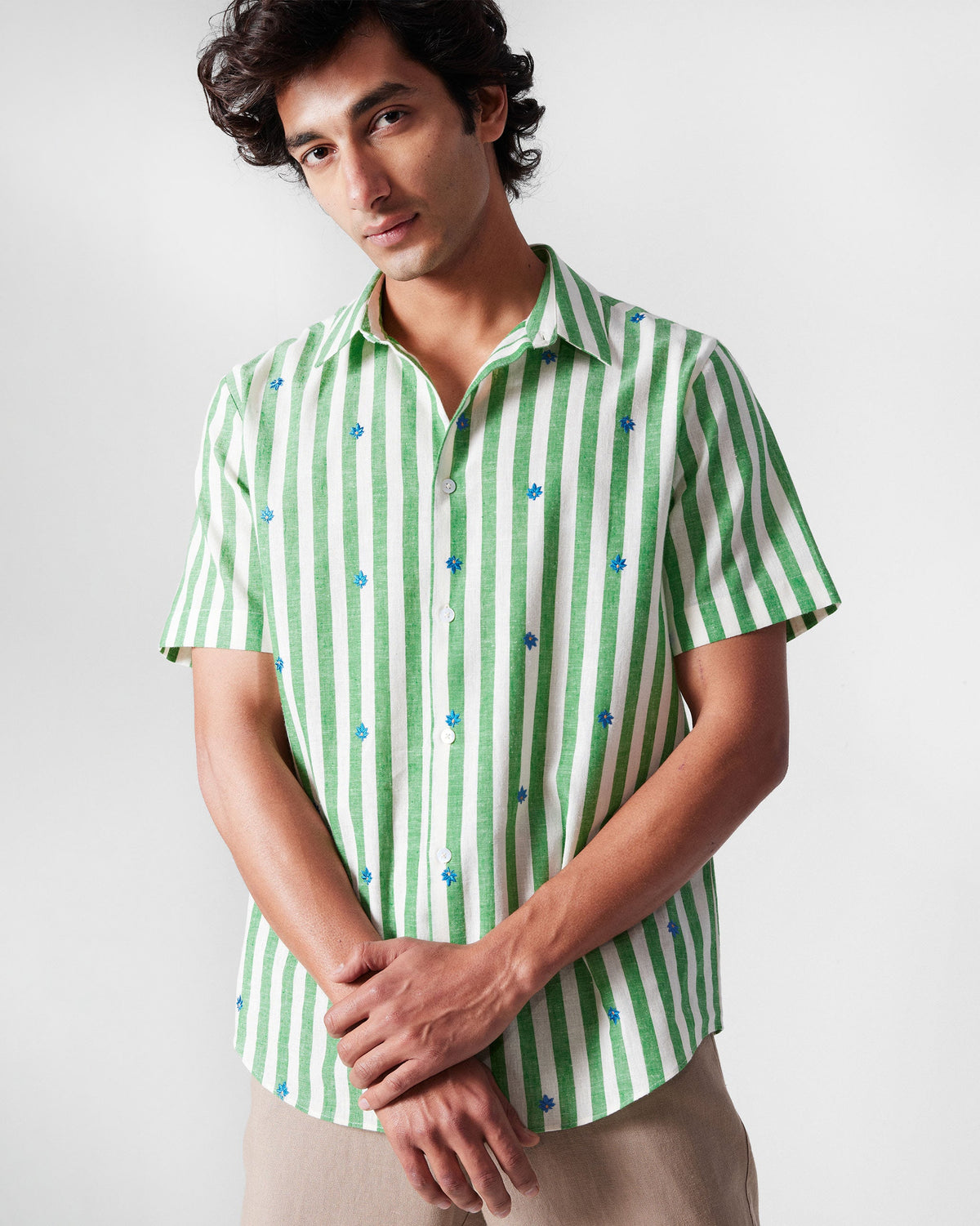 Half Sleeve Shirt - Light Green Embroidered