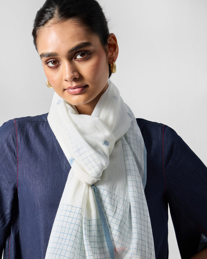 Checked Skies Scarf - Aqua & White