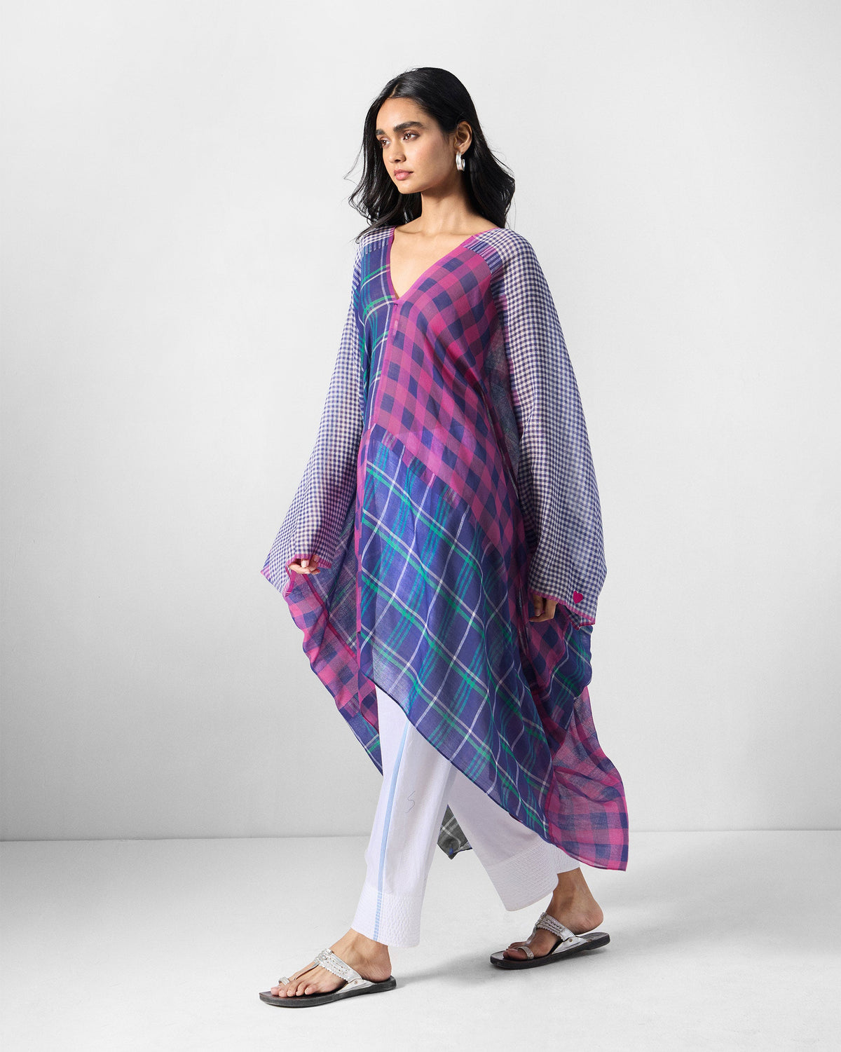 Draped Kaftan - Checked Yarn-Dyed Cotton Relaxed Fit