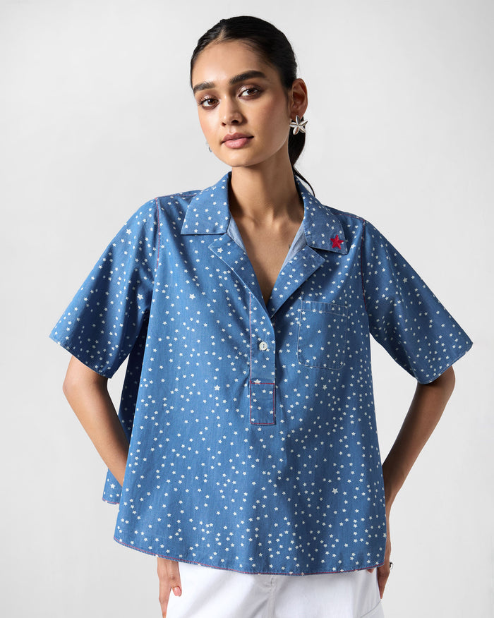 Swing Top - Printed Cotton Denim Flared Fit