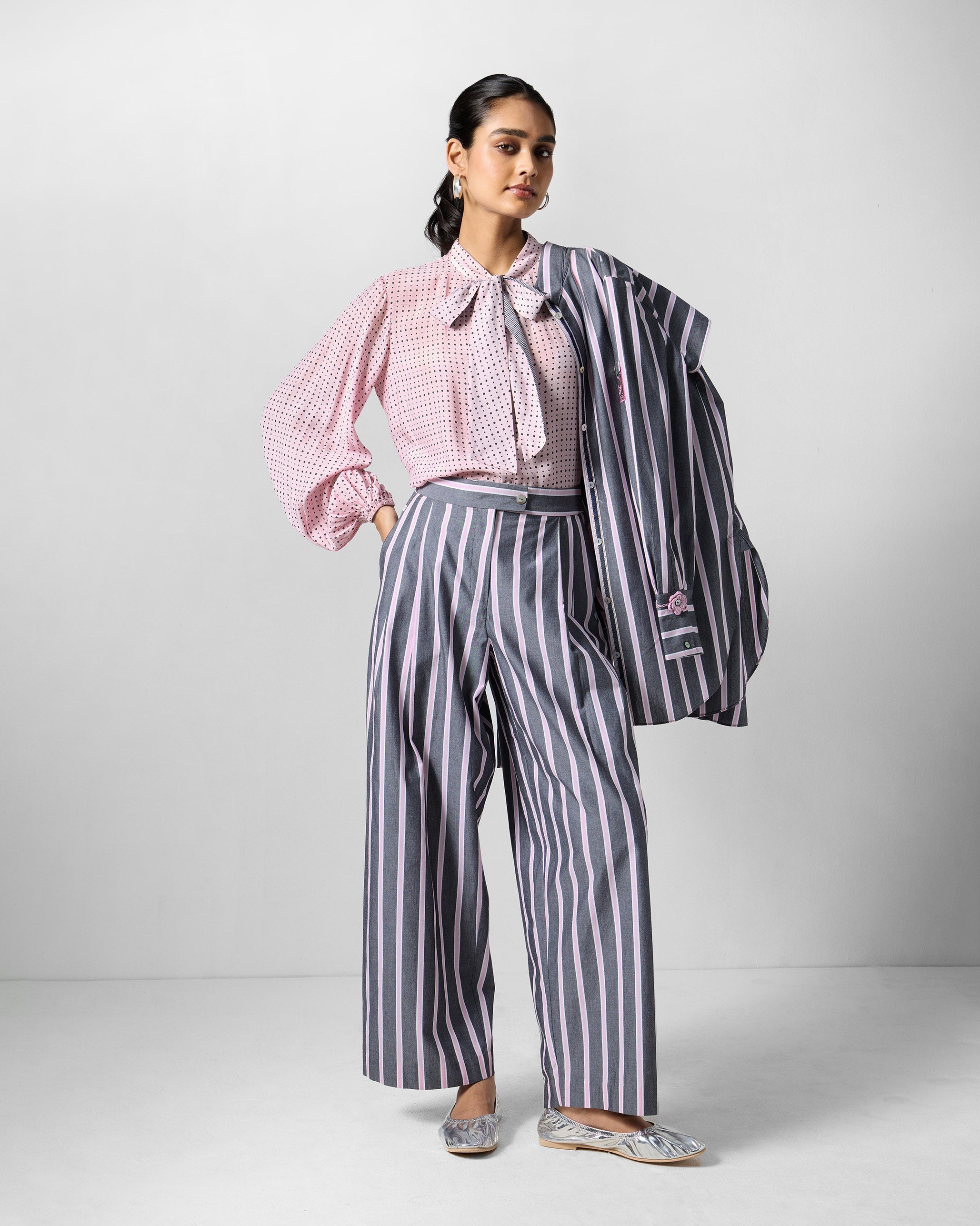 Spring Tie Shirt - Pink & Charcoal Printed