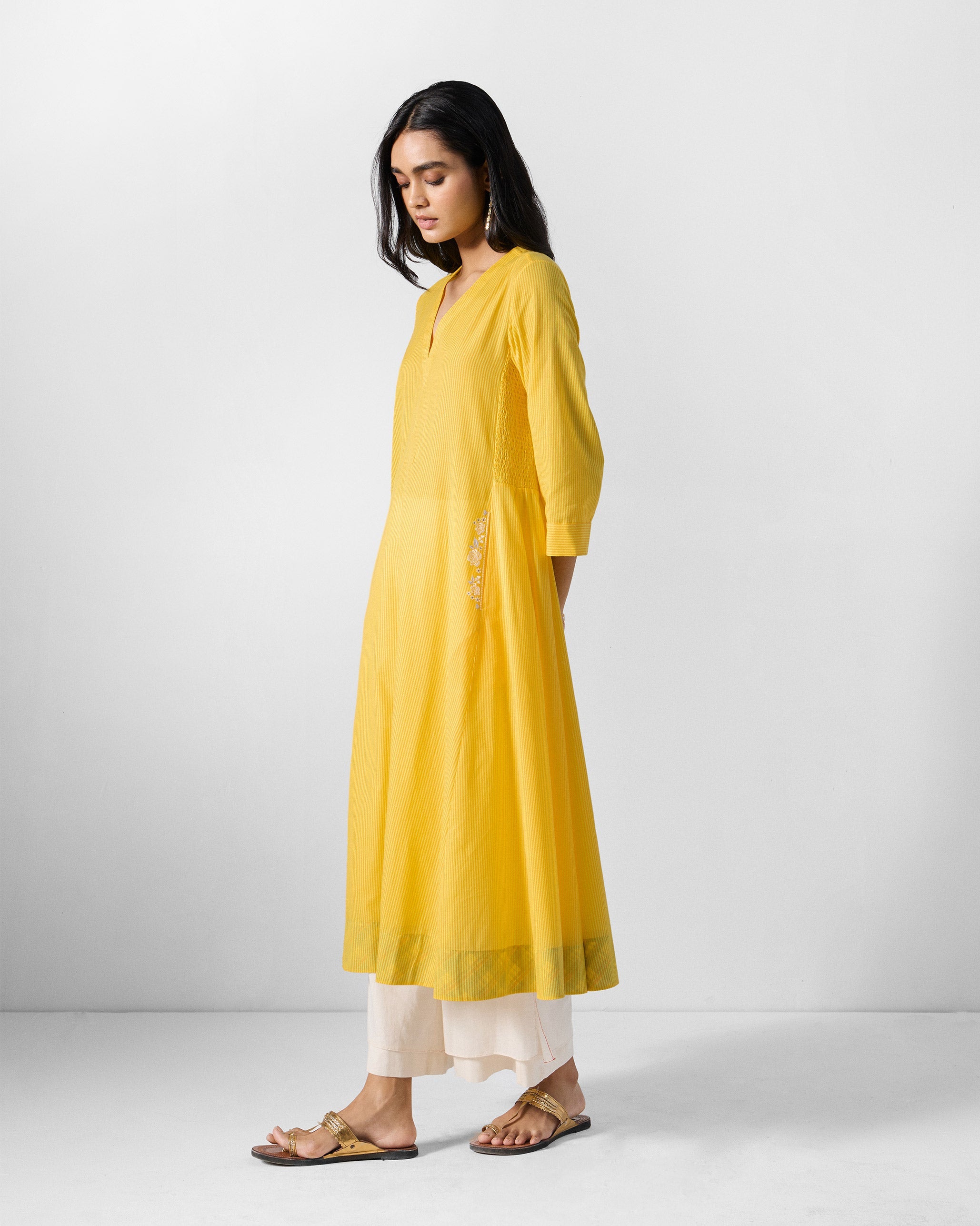 Lama Smocked Kurta - Yellow Stripes