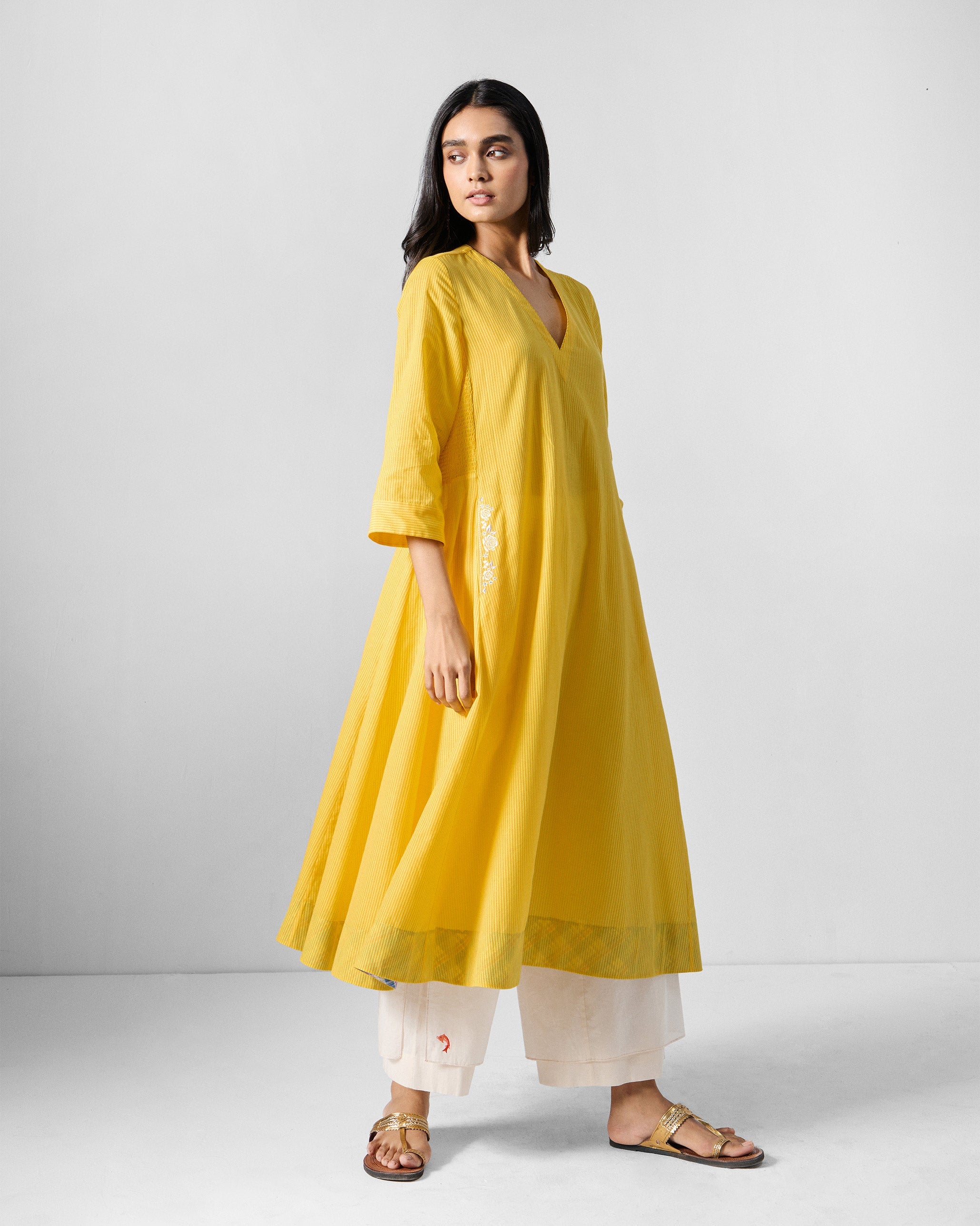 Lama Smocked Kurta - Yellow Stripes