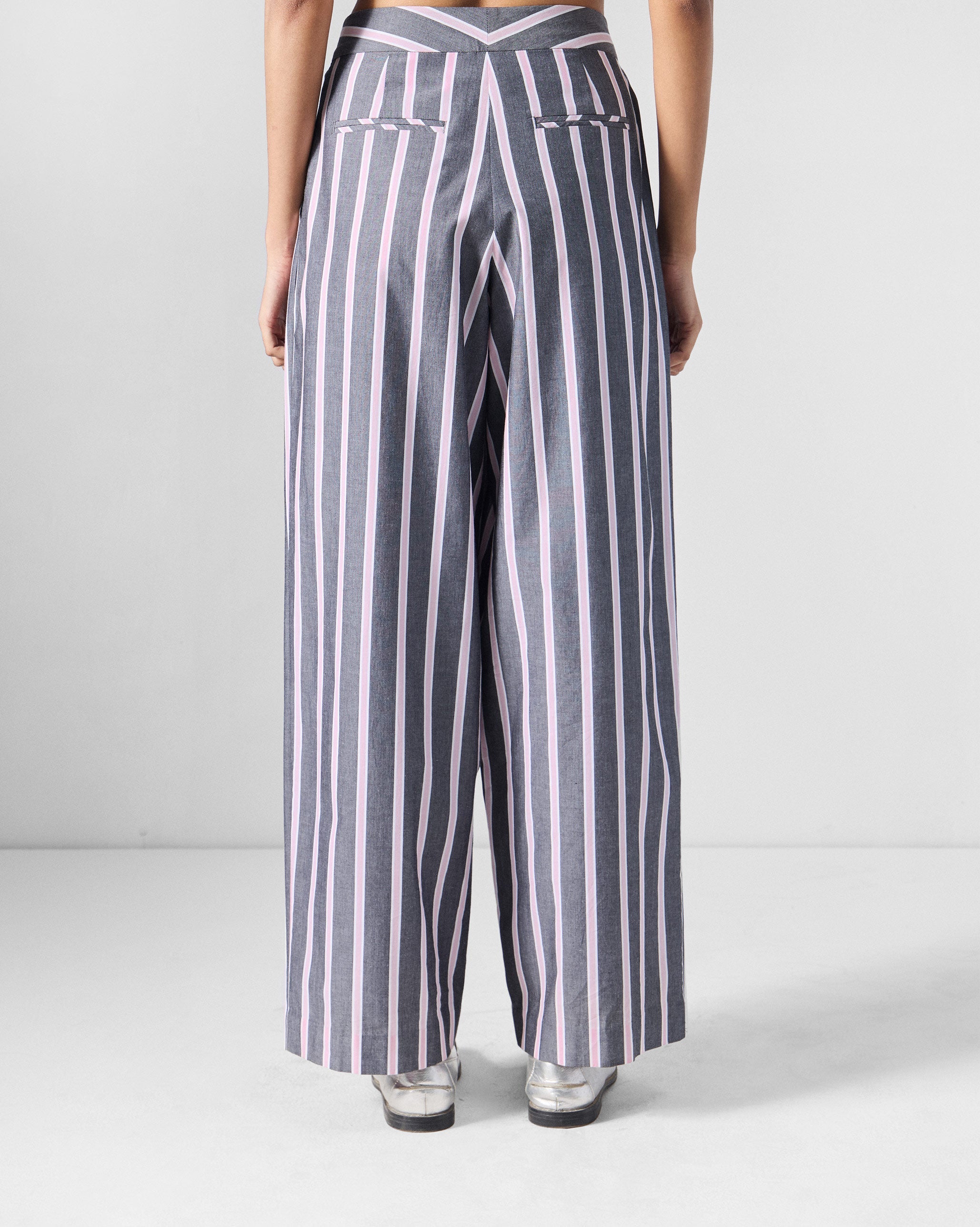 Row High Waist Pants - Charcoal & Pink Stripes