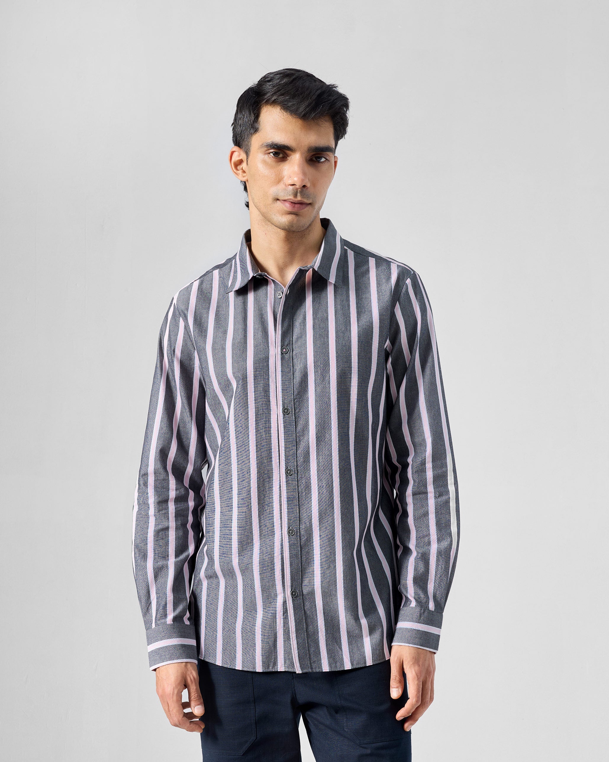 Classic Shirt - Charcoal & Pink Striped