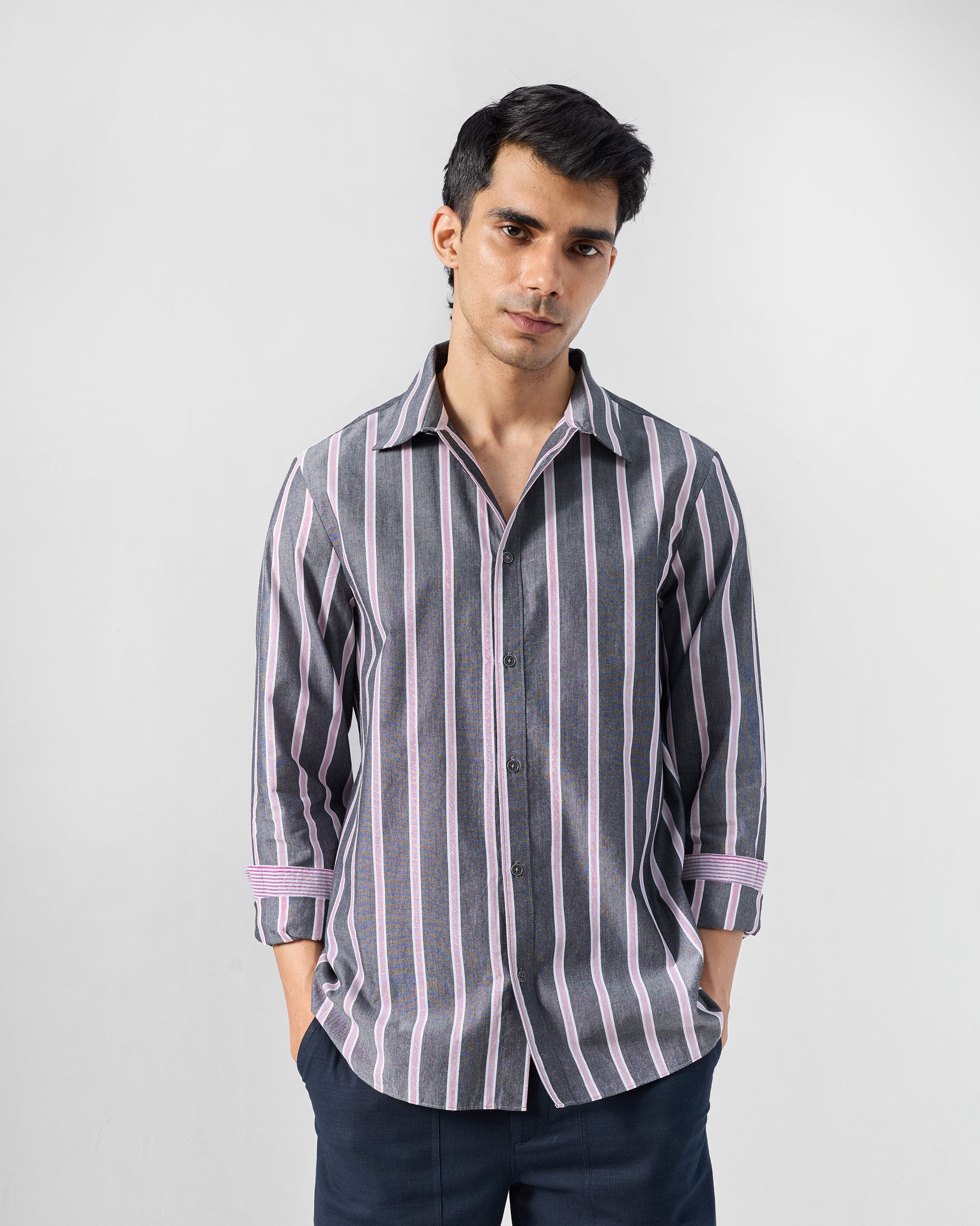Classic Shirt - Charcoal & Pink Striped