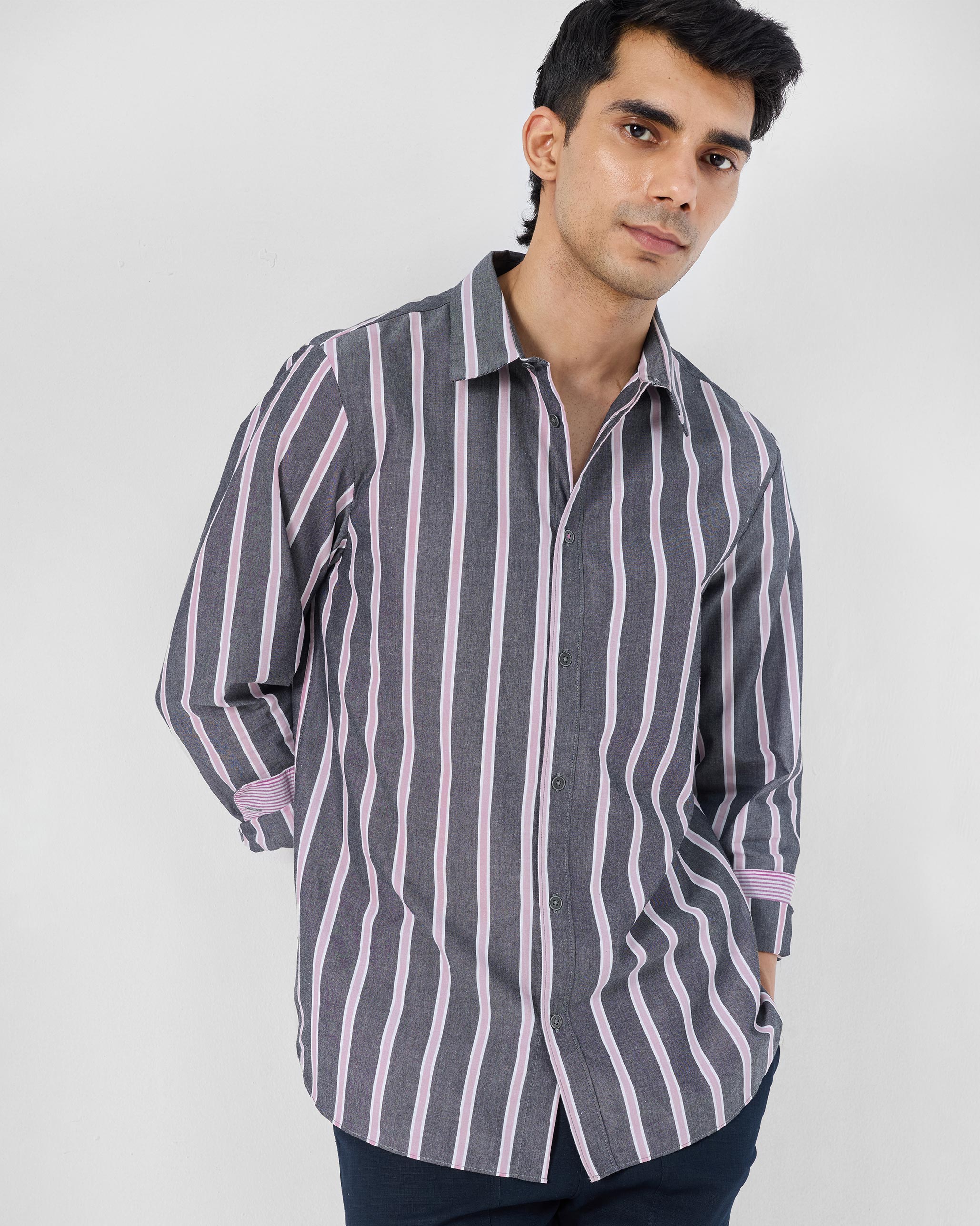 Classic Shirt - Charcoal & Pink Striped