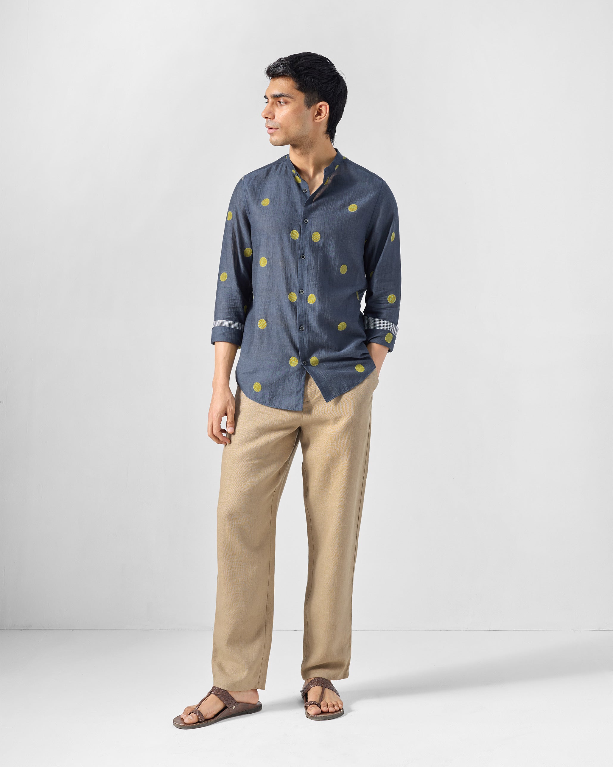 Nawab Shirt - Charcoal & Yellow Jamdani
