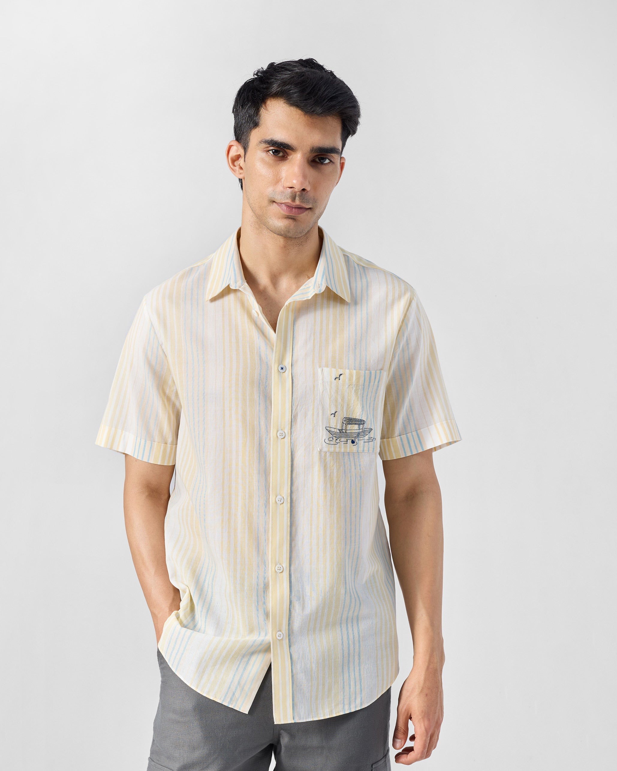 Flow Half Sleeve Shirt - Yellow & Blue Striped