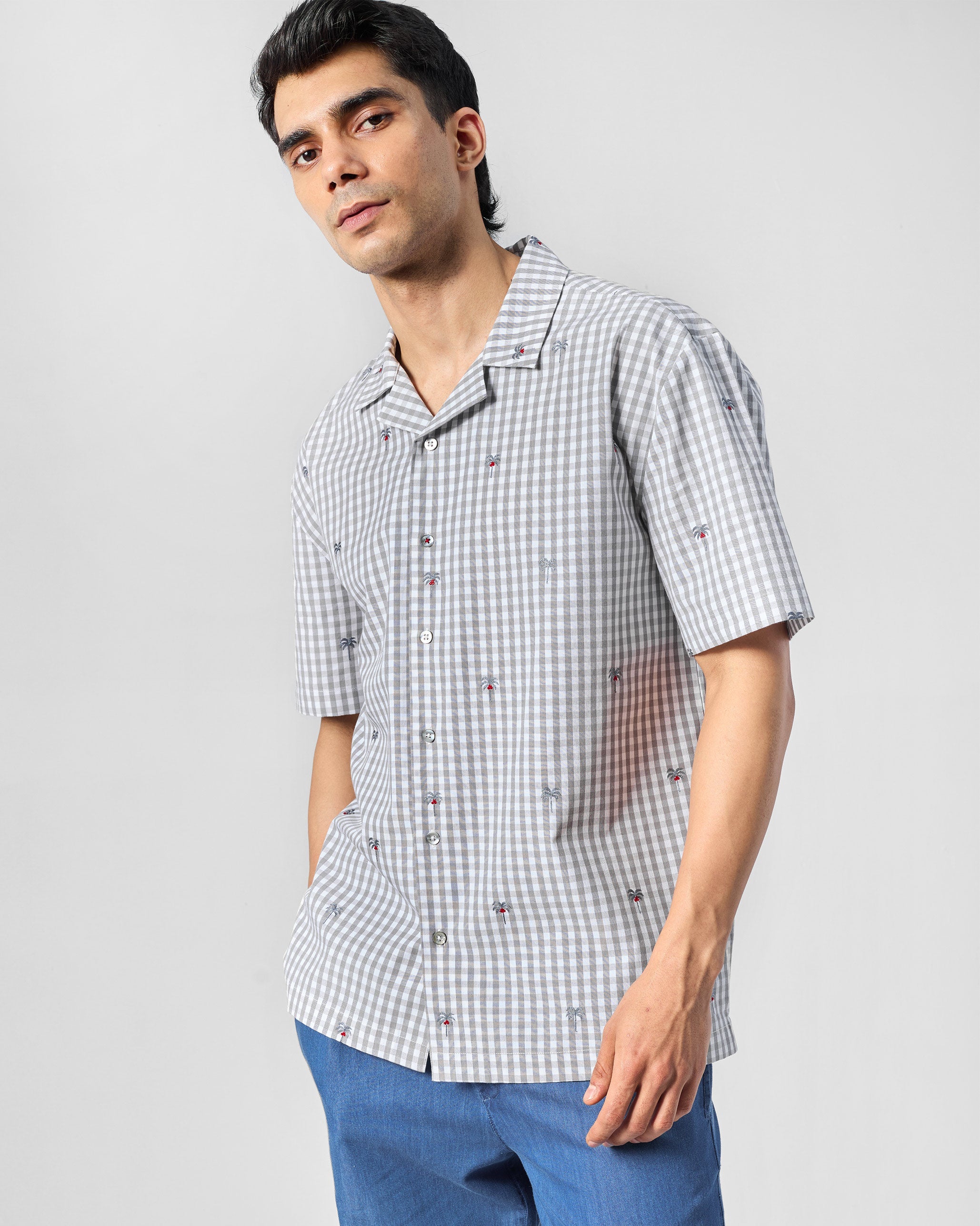 Bena Shirt - Charcoal & White Embroidered