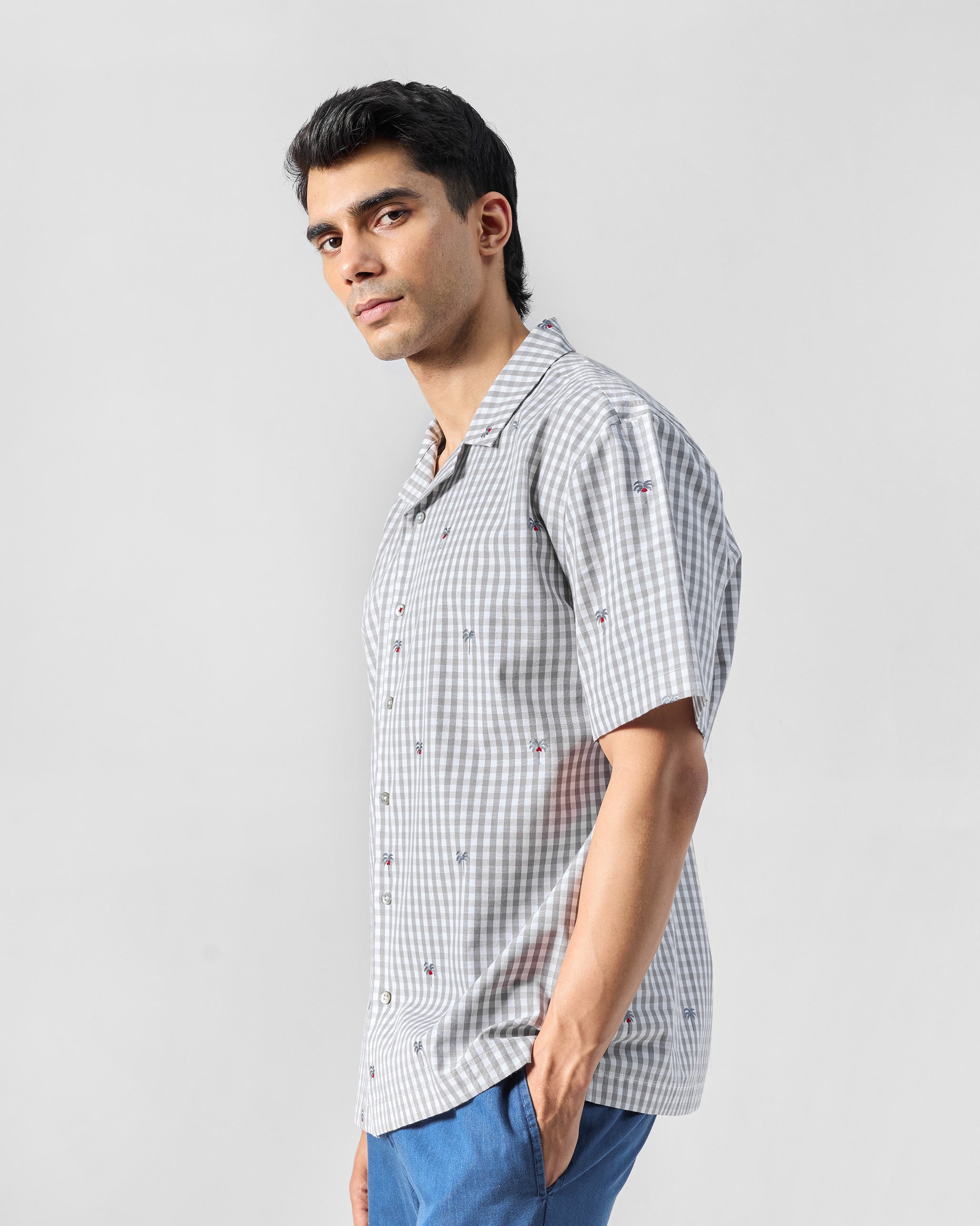 Bena Shirt - Charcoal & White Embroidered