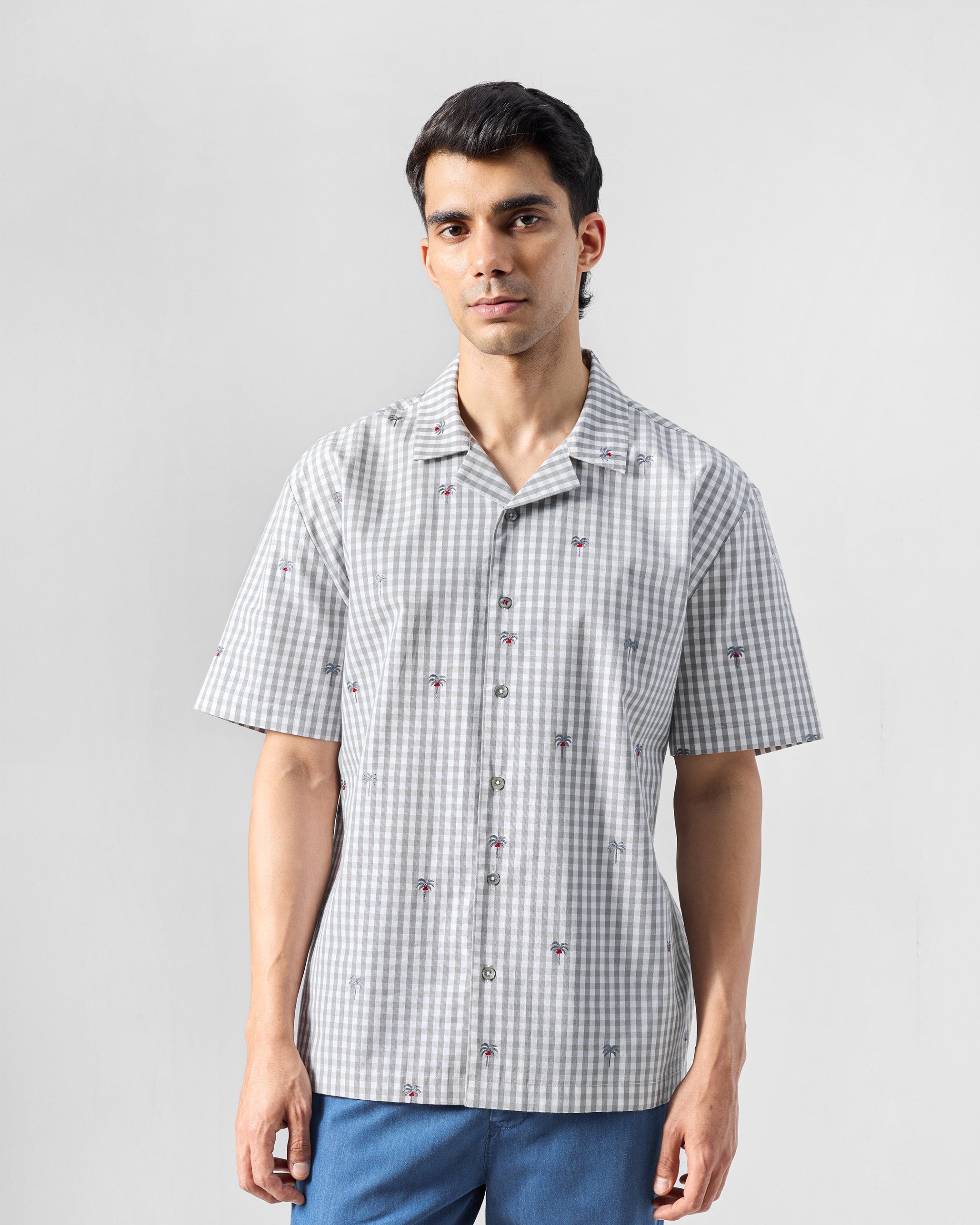 Bena Shirt - Charcoal & White Embroidered