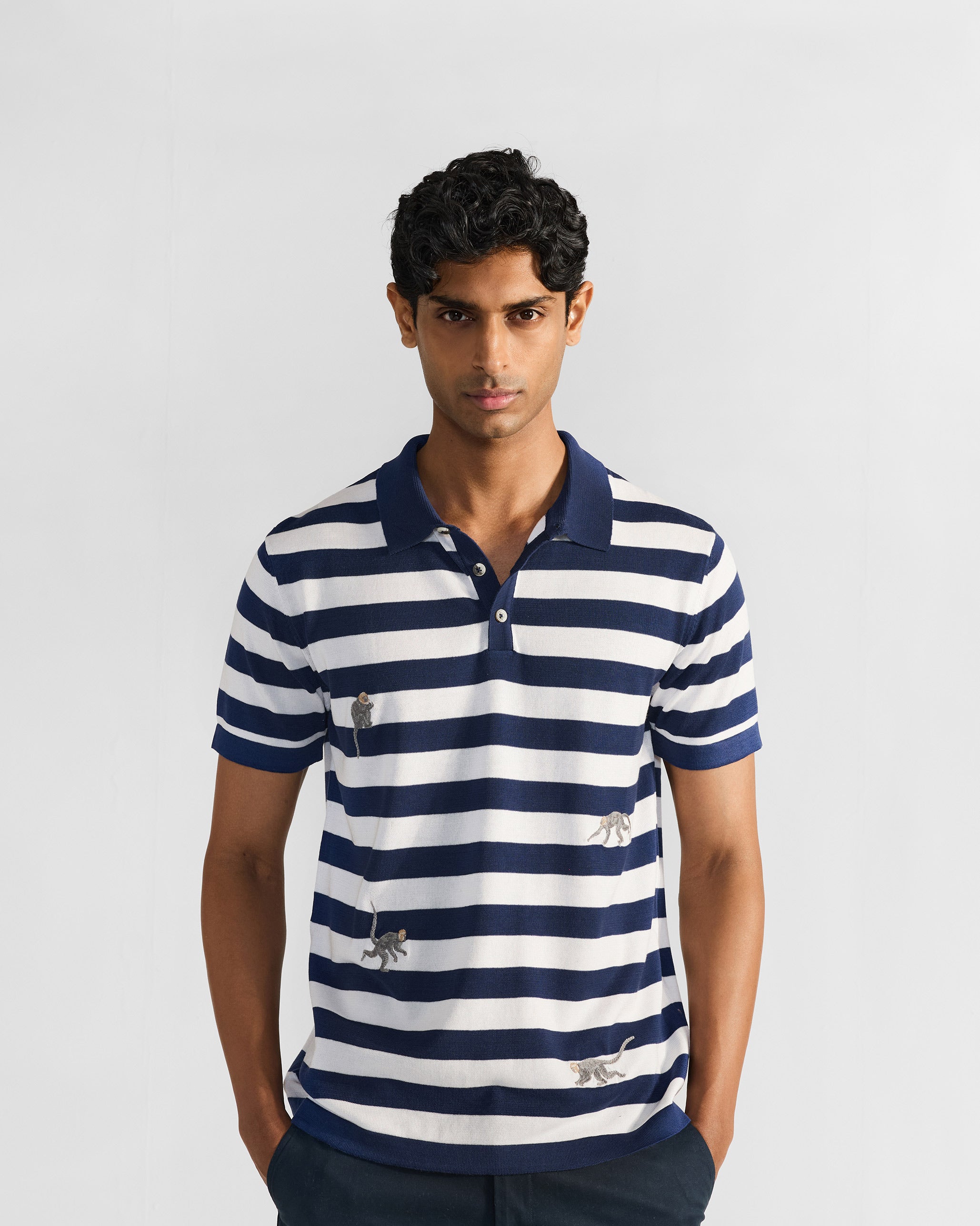 Macaque Polo T-Shirt - White & Navy Stripes