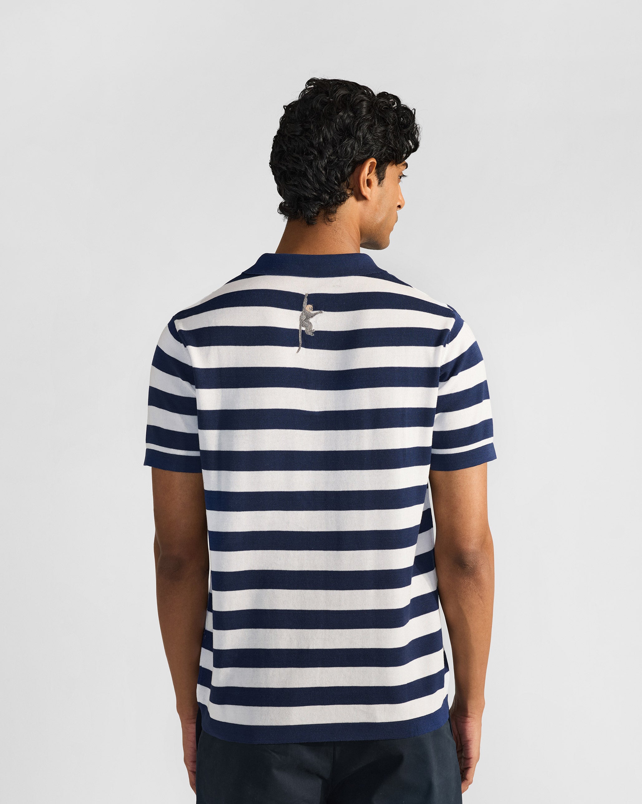 Macaque Polo T-Shirt - White & Navy Stripes