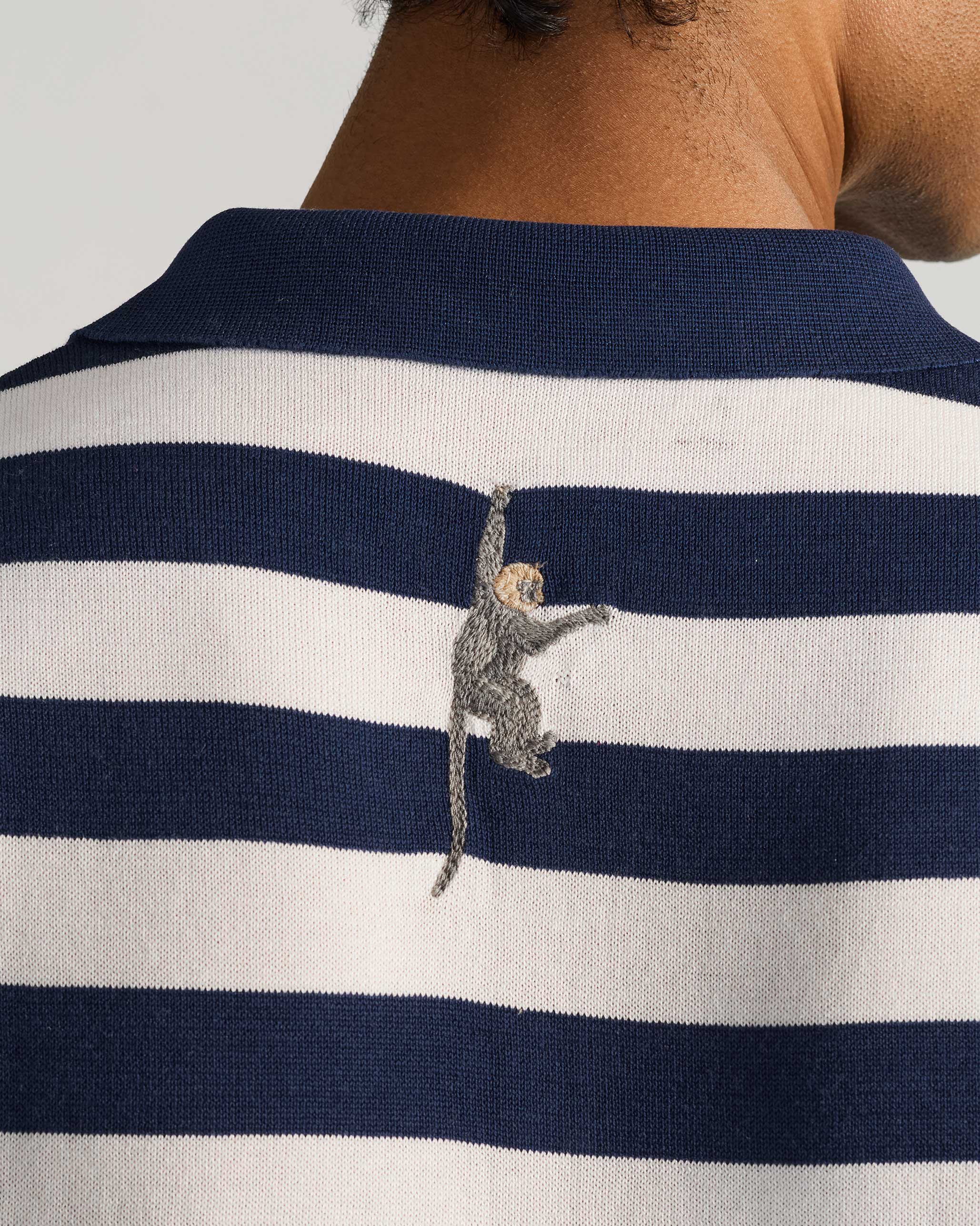 Macaque Polo T-Shirt - White & Navy Stripes