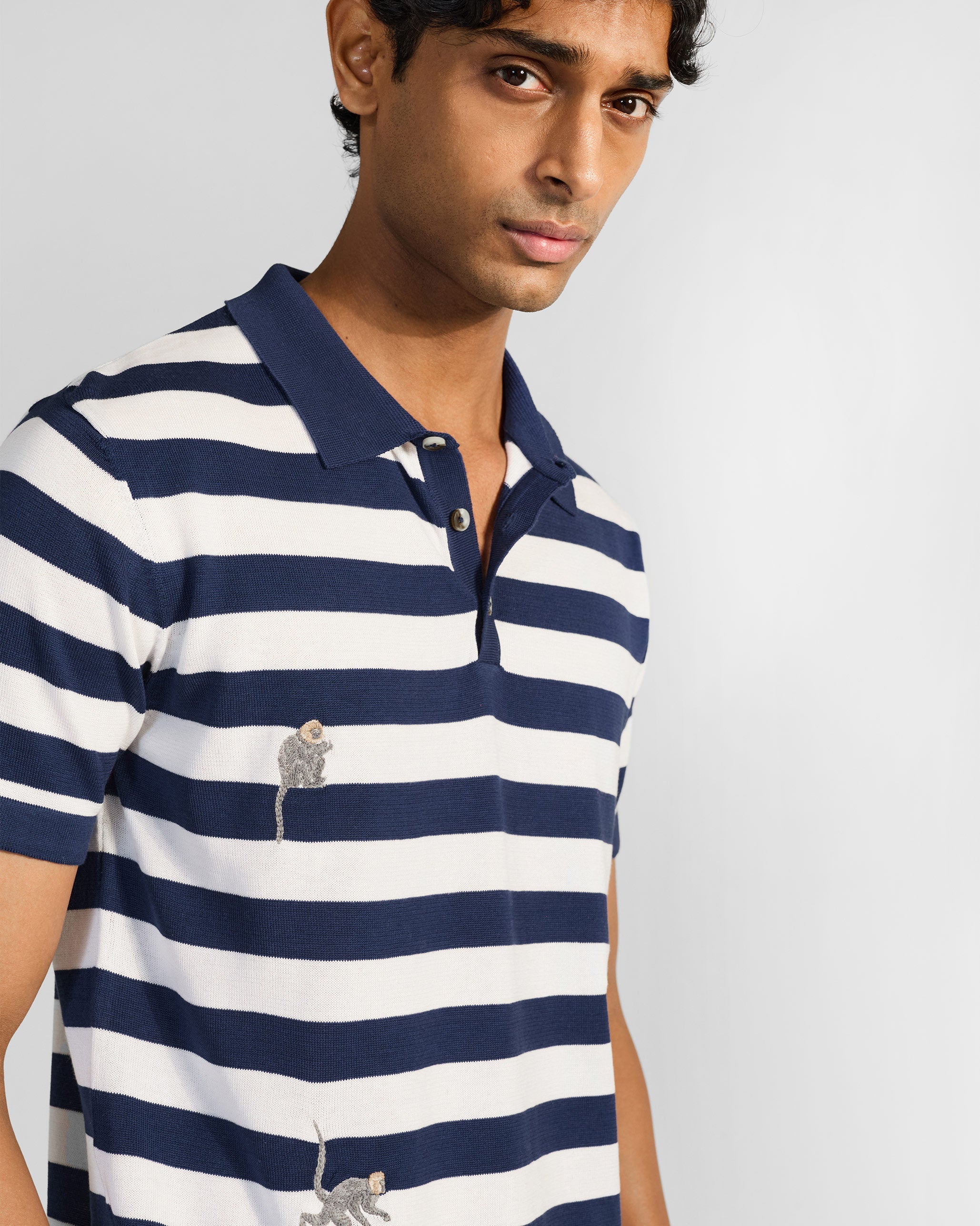 Macaque Polo T-Shirt - White & Navy Stripes