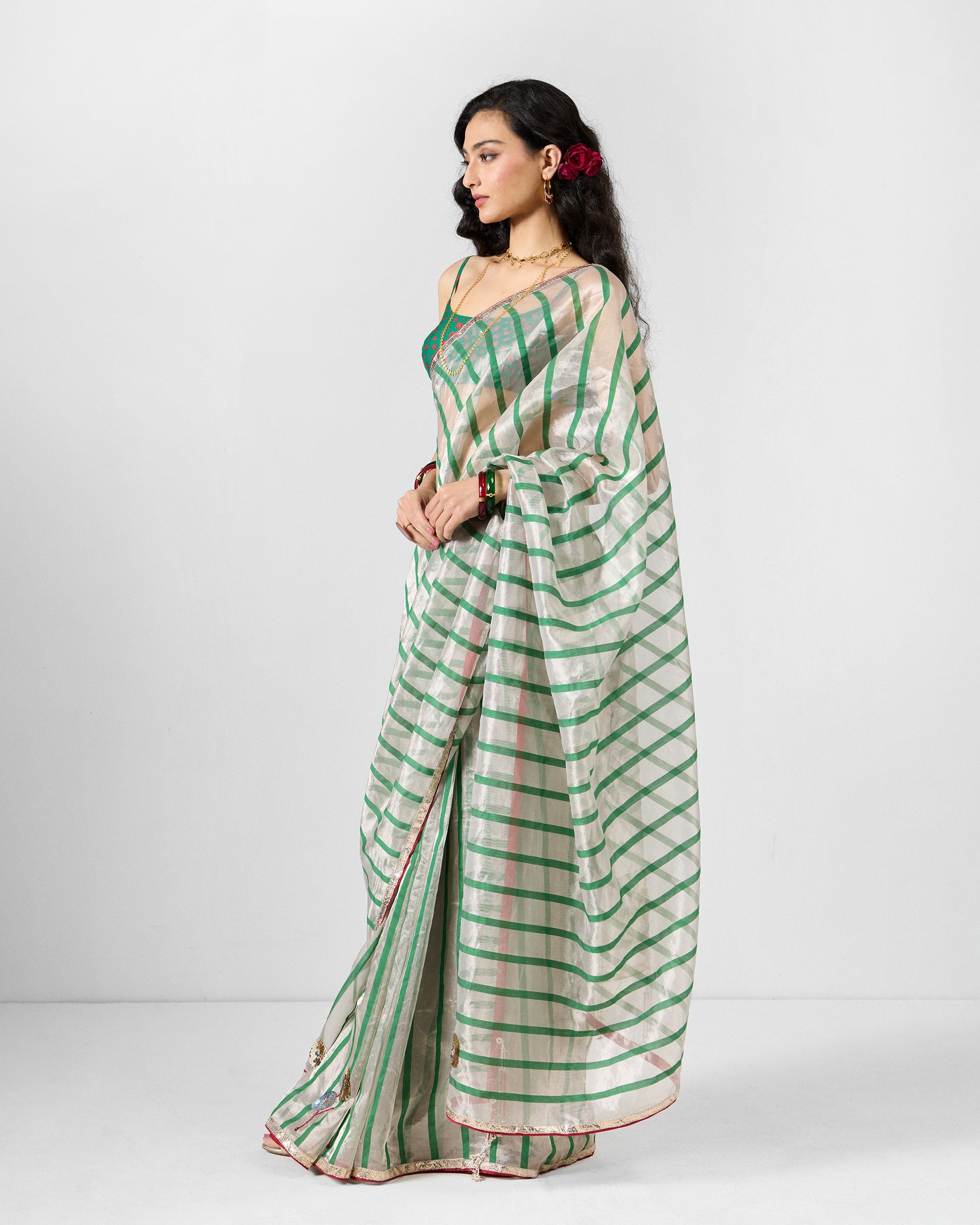 Baga Sari - Green & White Embroidered