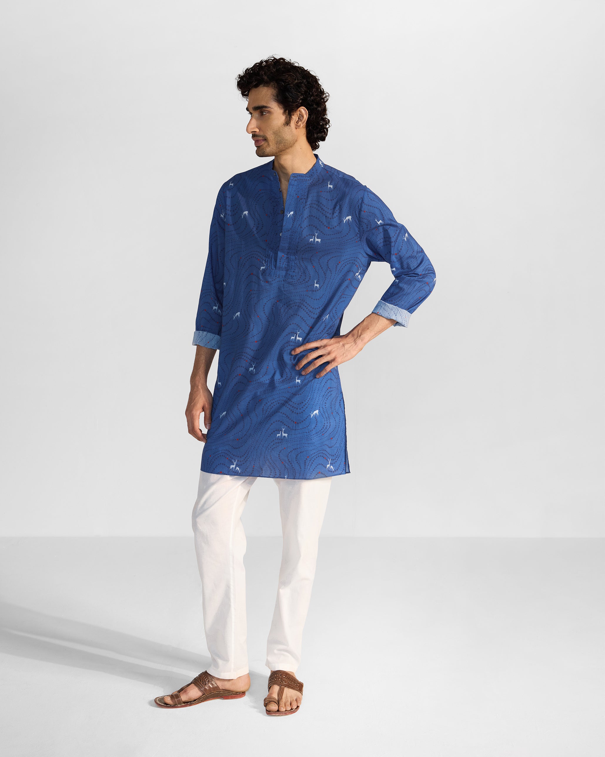 Front Pleat Kurta - Blue & White Printed