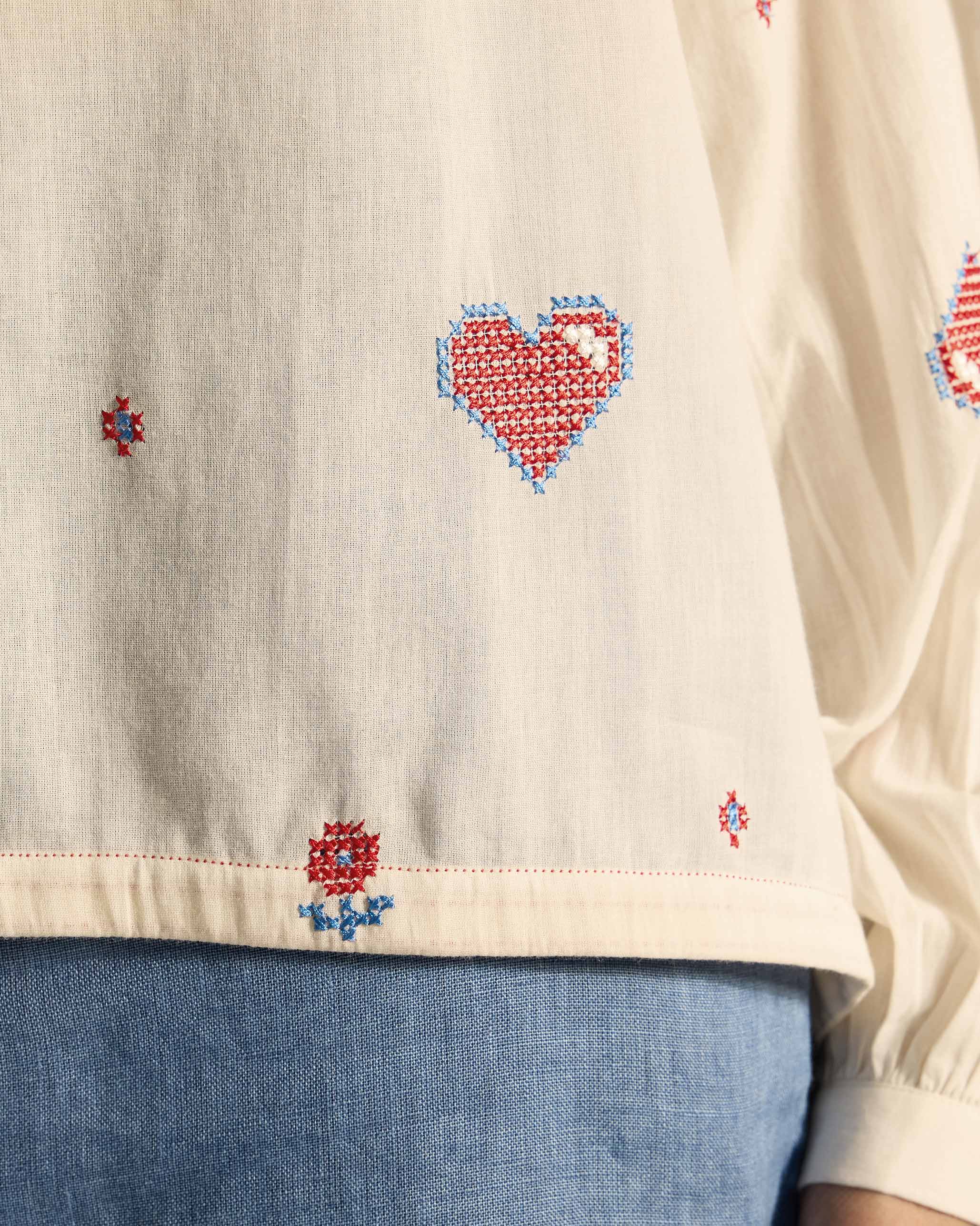 Tahi Top - Ivory & Red Embroidered