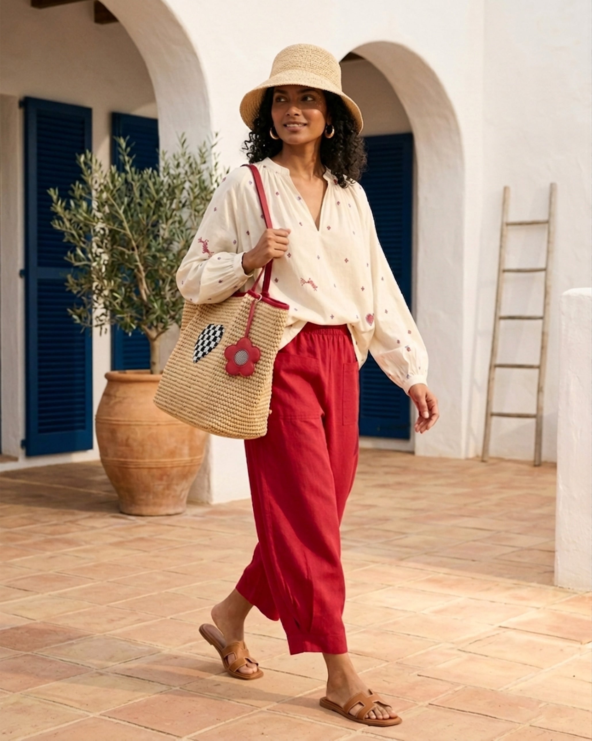 Tahi Top - Ivory & Red Embroidered