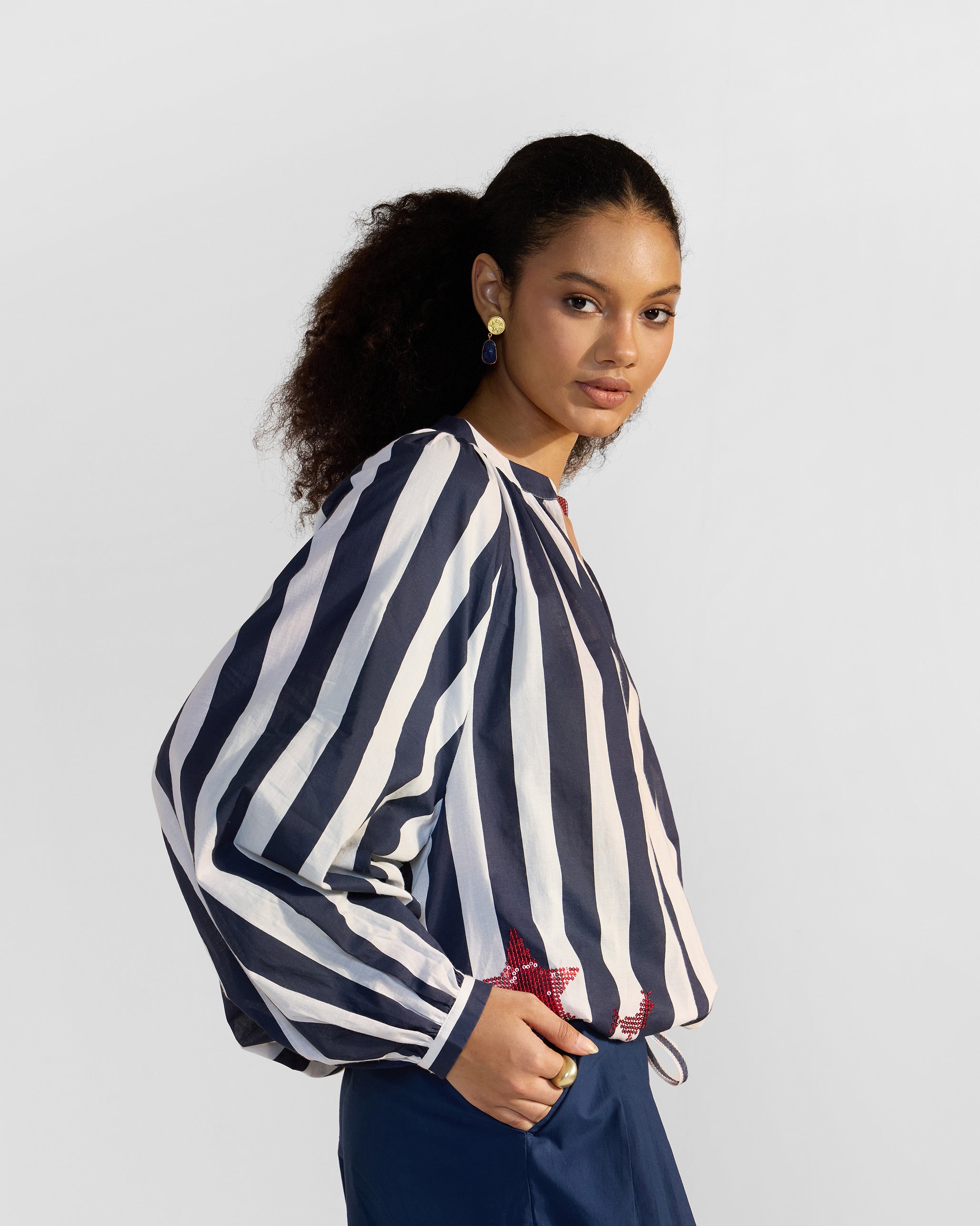 Zaya Top - Navy Blue & White Stripes