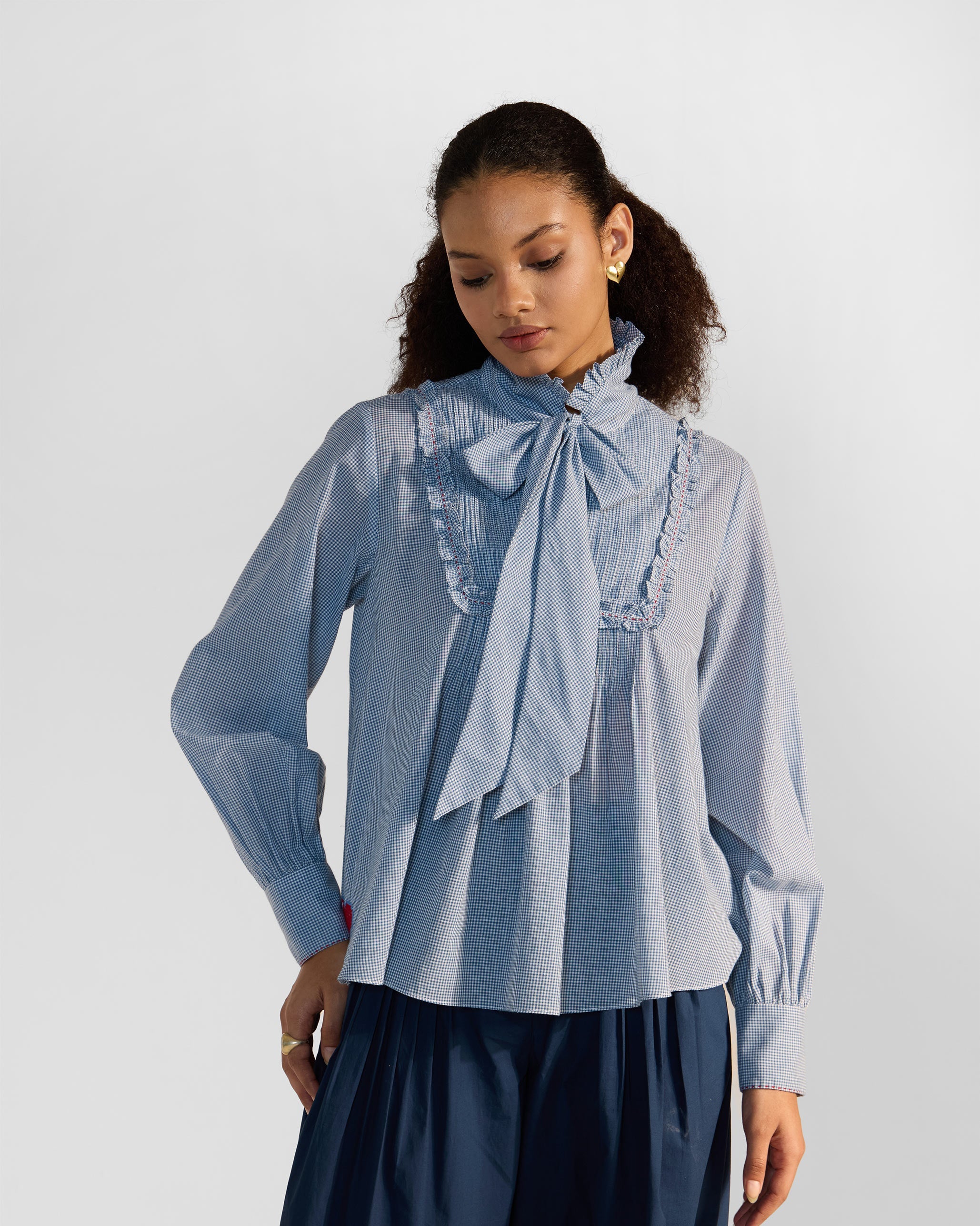 Lona Necktie Top - Blue & White Checks