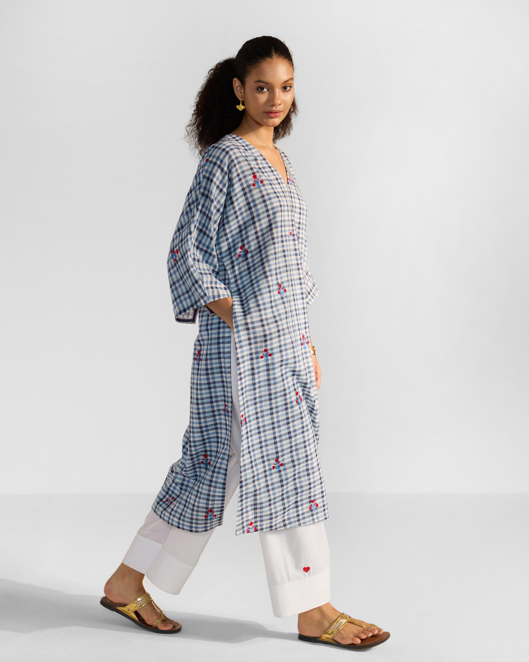 Aava Kurta - Blue & White Checks Embroidered