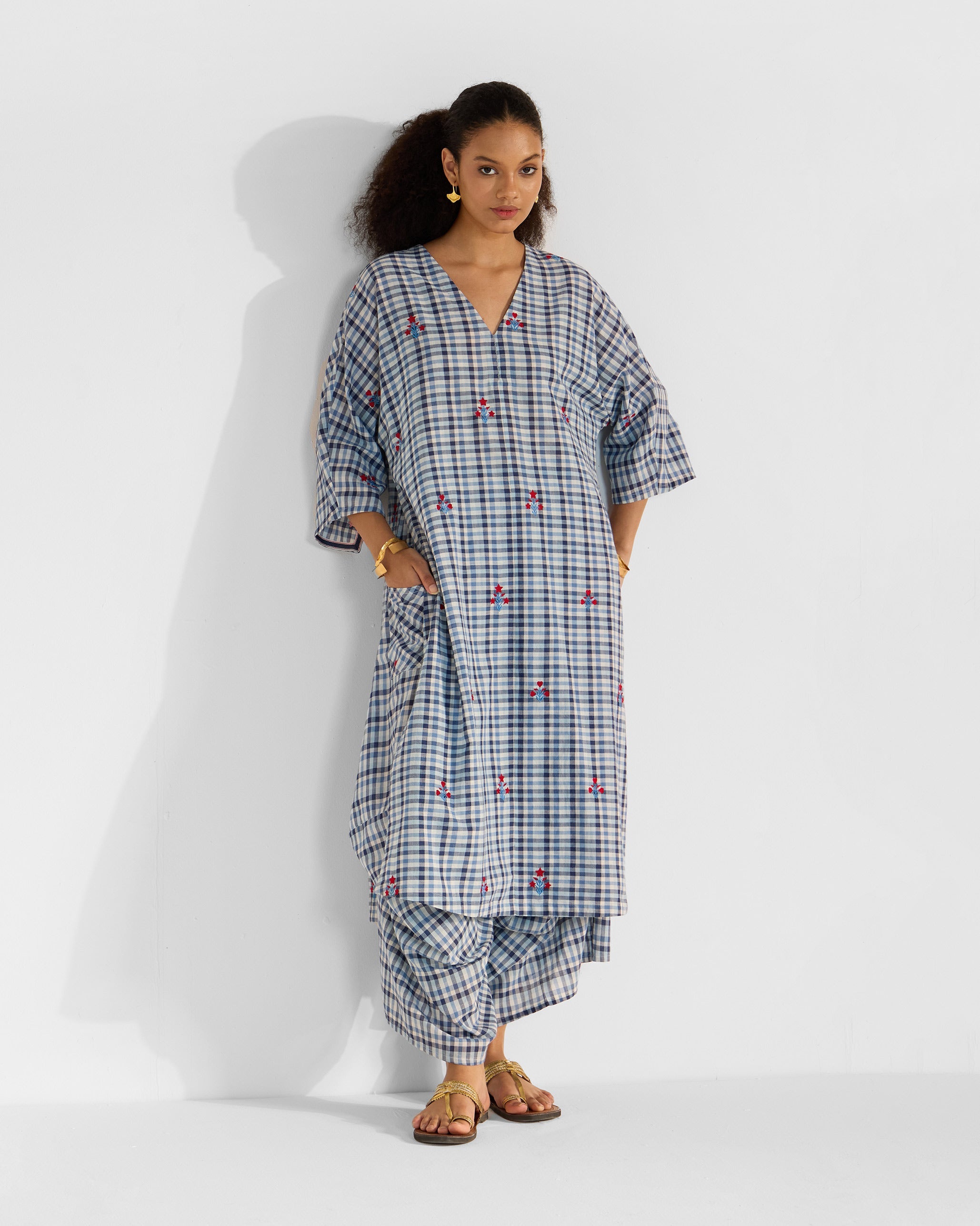 Aava Kurta - Blue & White Checks Embroidered