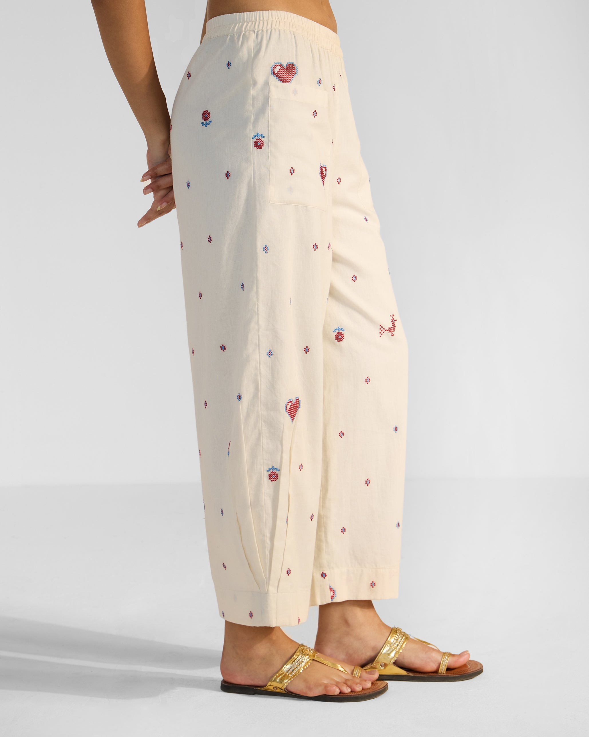 Serene Pants - Ivory & Red Embroidered