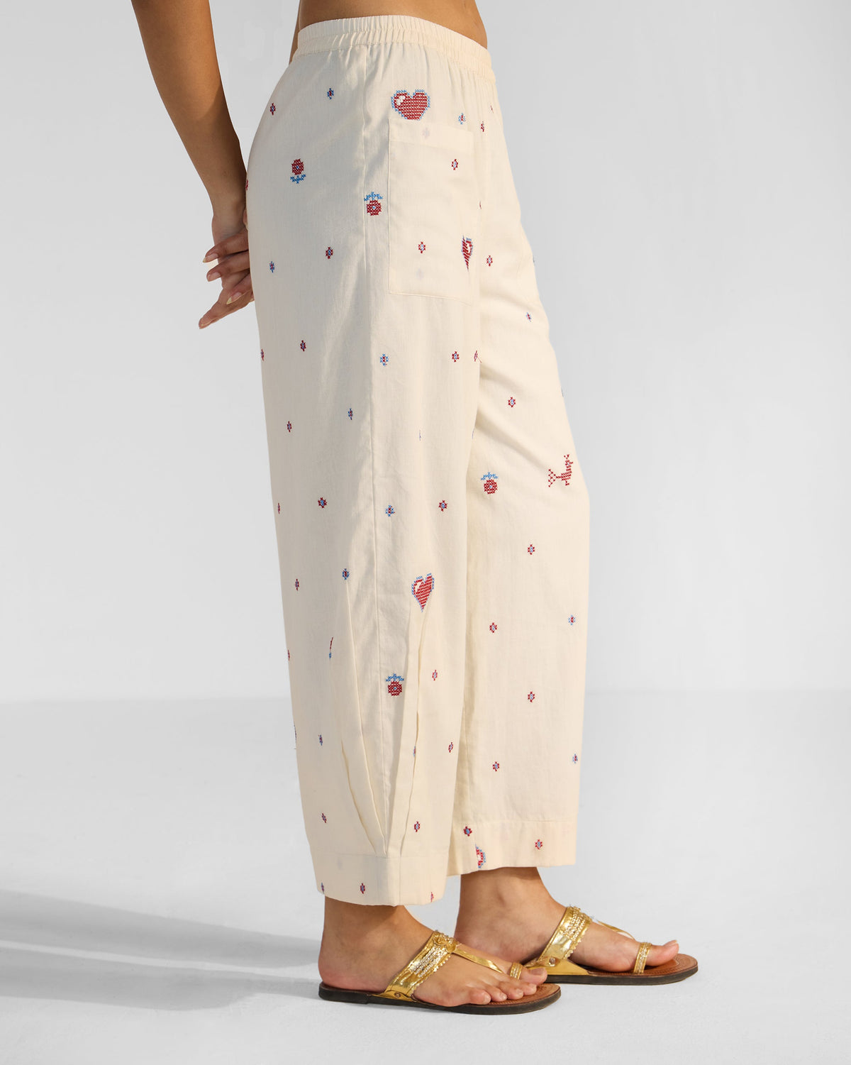 Serene Pants - Ivory & Red Embroidered
