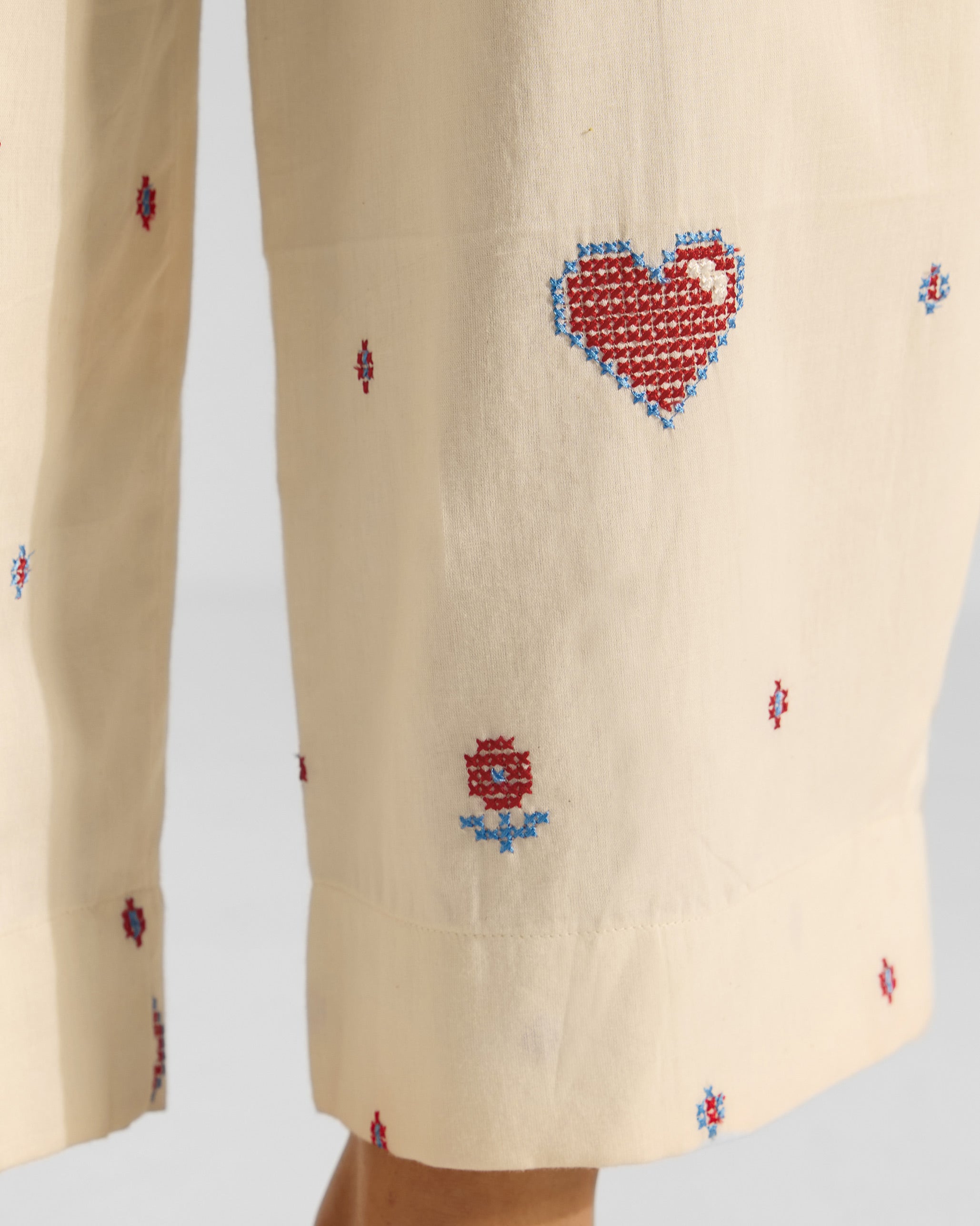 Serene Pants - Ivory & Red Embroidered