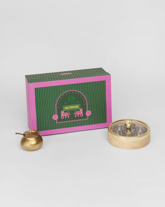 Chand Madhu Set with spice box, brass ghee pot, and Nicobarat gift box.