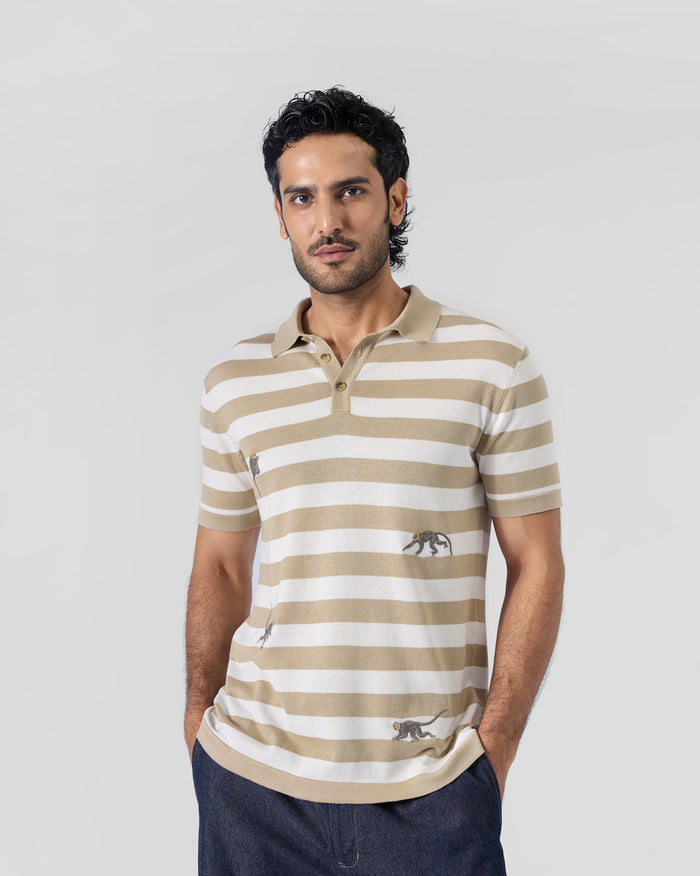 Macaque Polo T-Shirt - Ivory & Sand