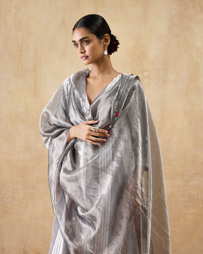 Person wearing a grey Aluva Dupatta draped over one shoulder.