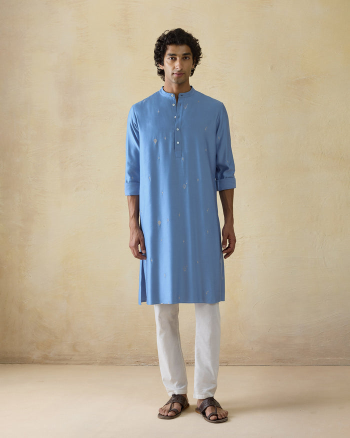 Person wearing a light blue Bageecha kurta with silver hot air balloon embroidery.