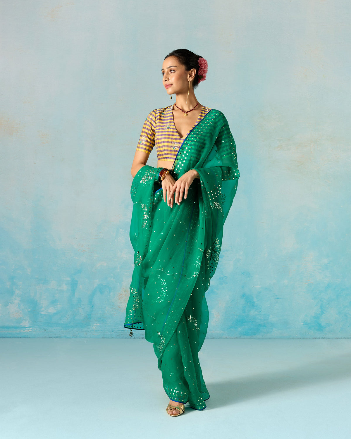 Full-length view of a green embroidered organza sari worn by a person.