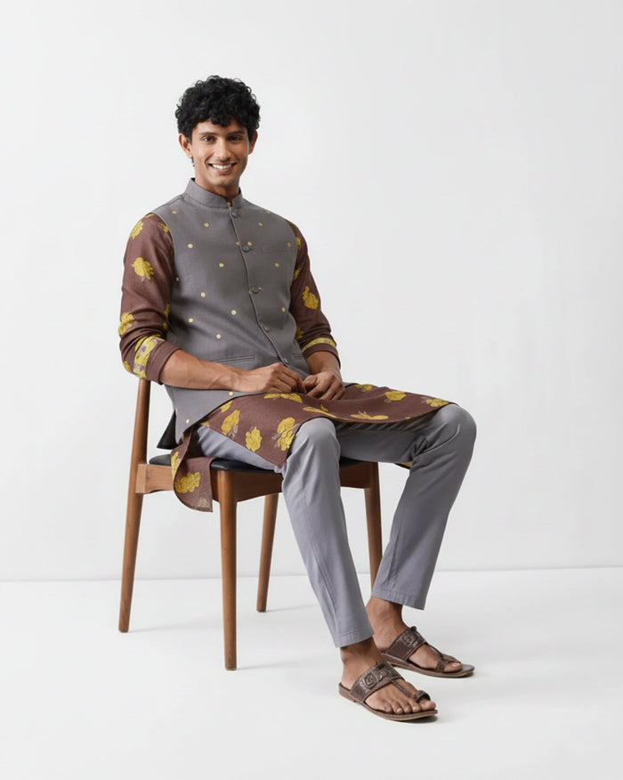 Astral Kurta - Brown & Chartreuse Printed