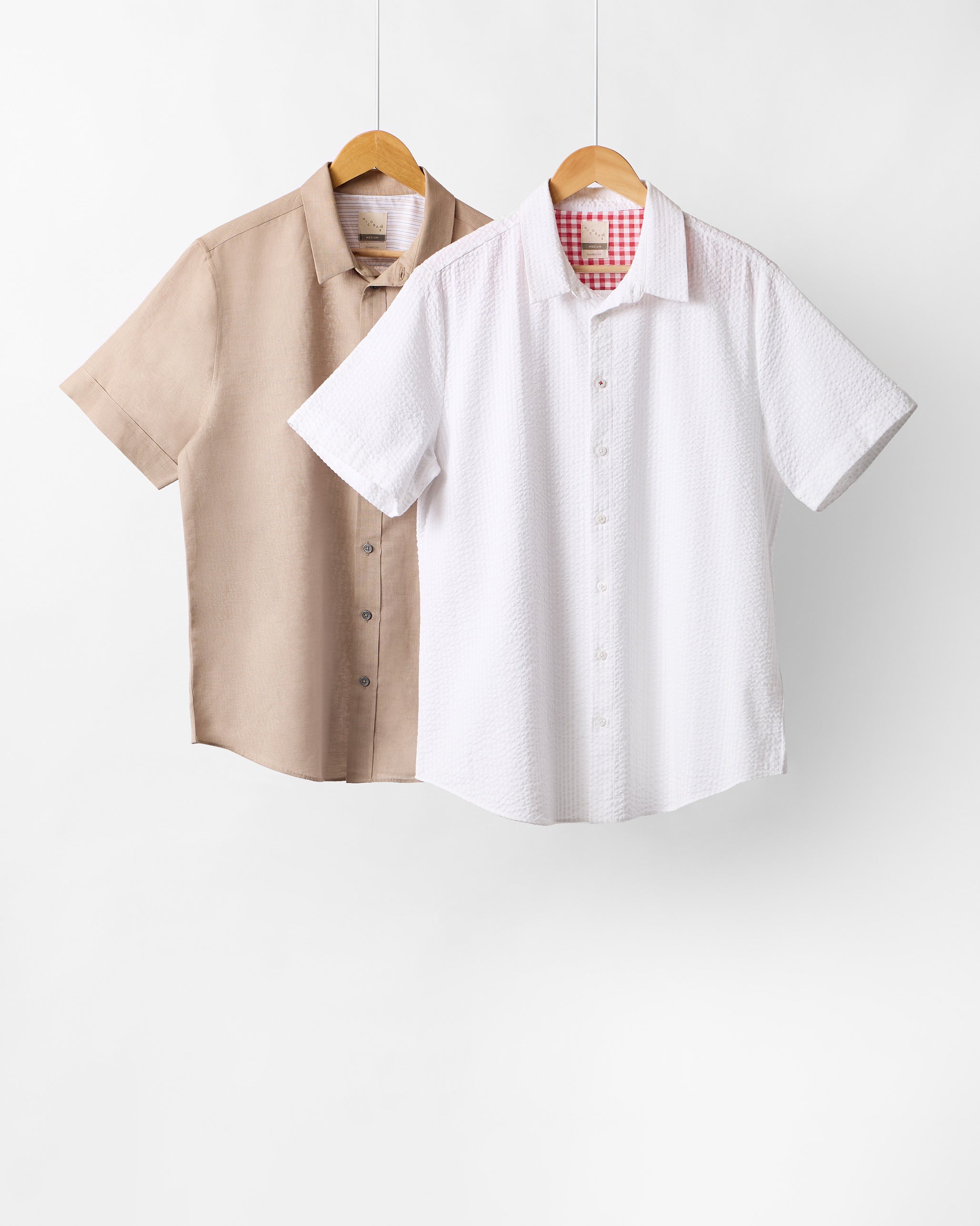 Half Sleeve Shirt Set (Beige & White Seersucker)