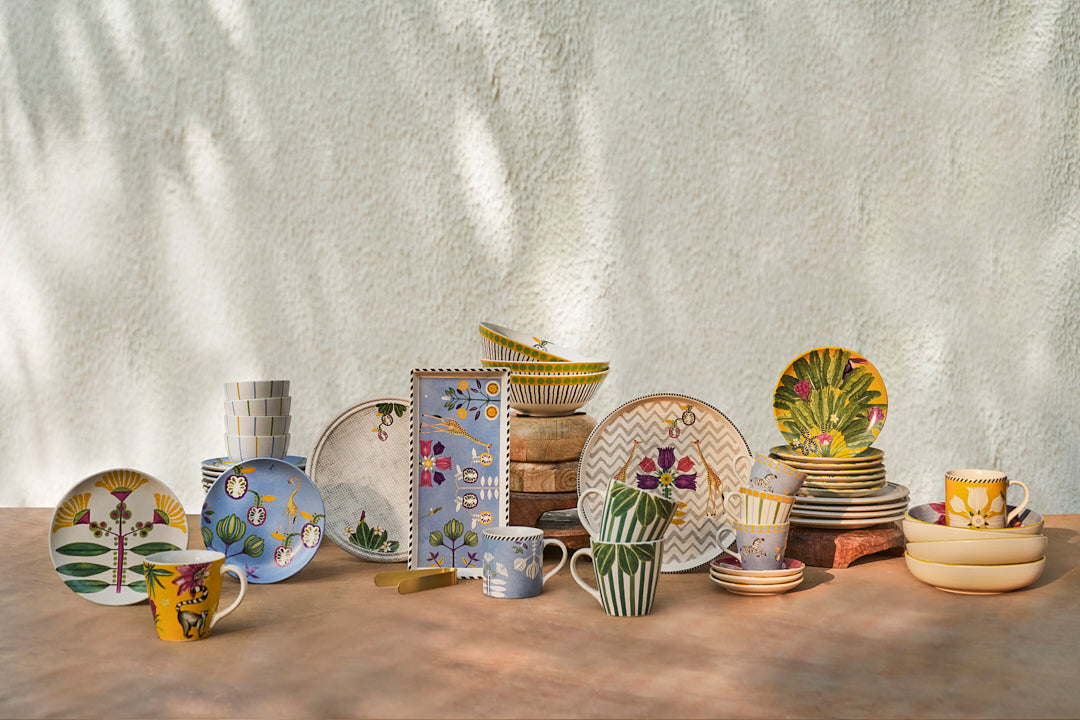 Assorted Bahari ceramics arranged on a table.