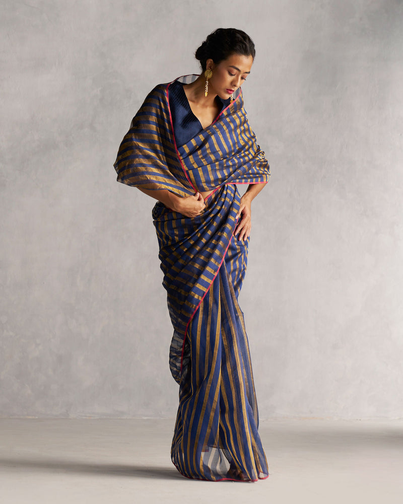 Zari Stripe Sari - Blue & Gold