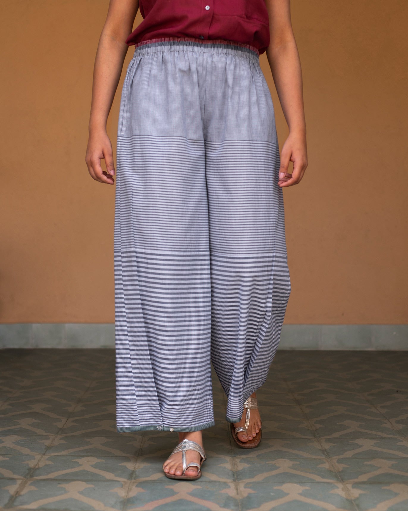 Wide Paper Bag Trousers - Navy & Ivory