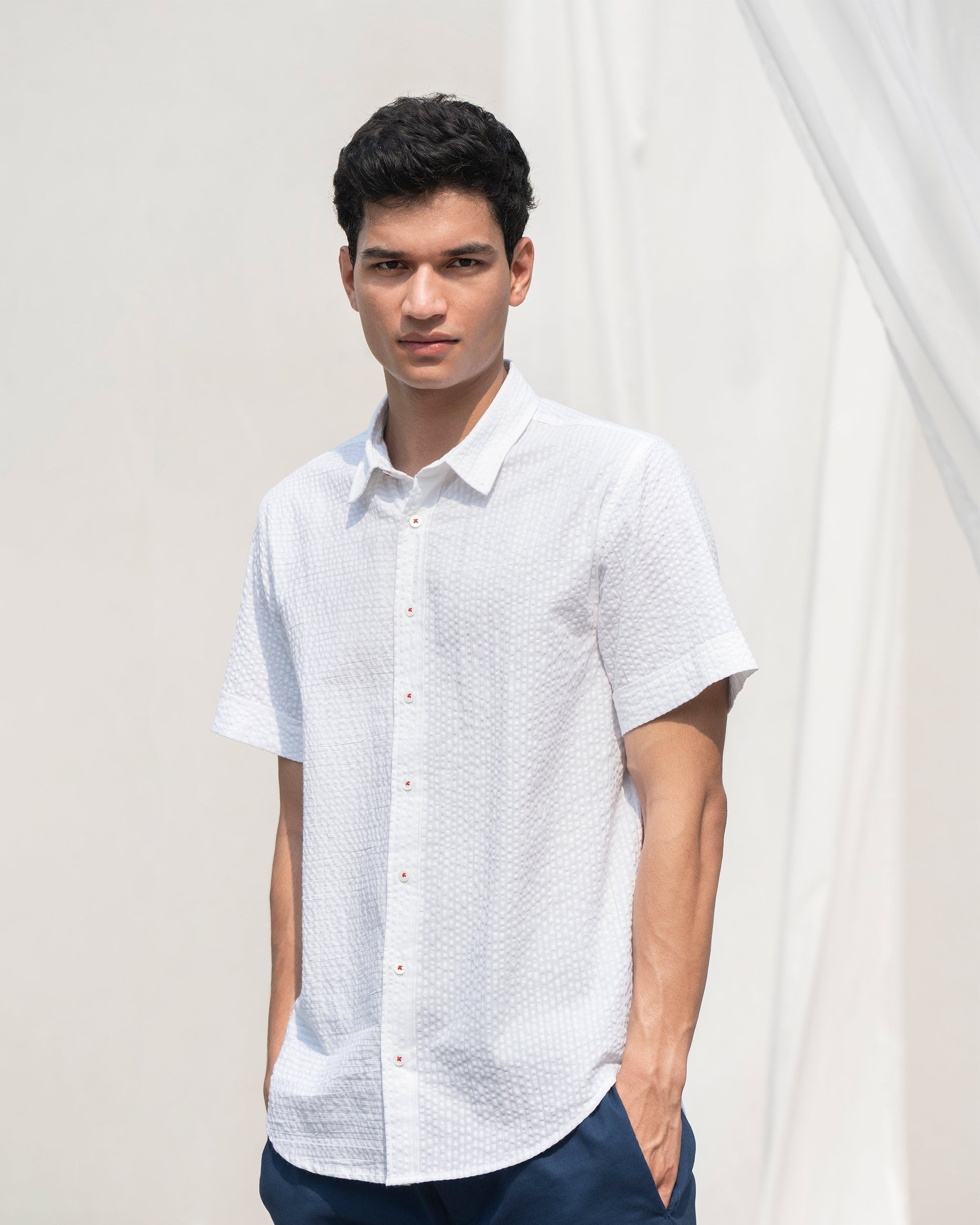 Half Sleeve Shirt - White Seersucker