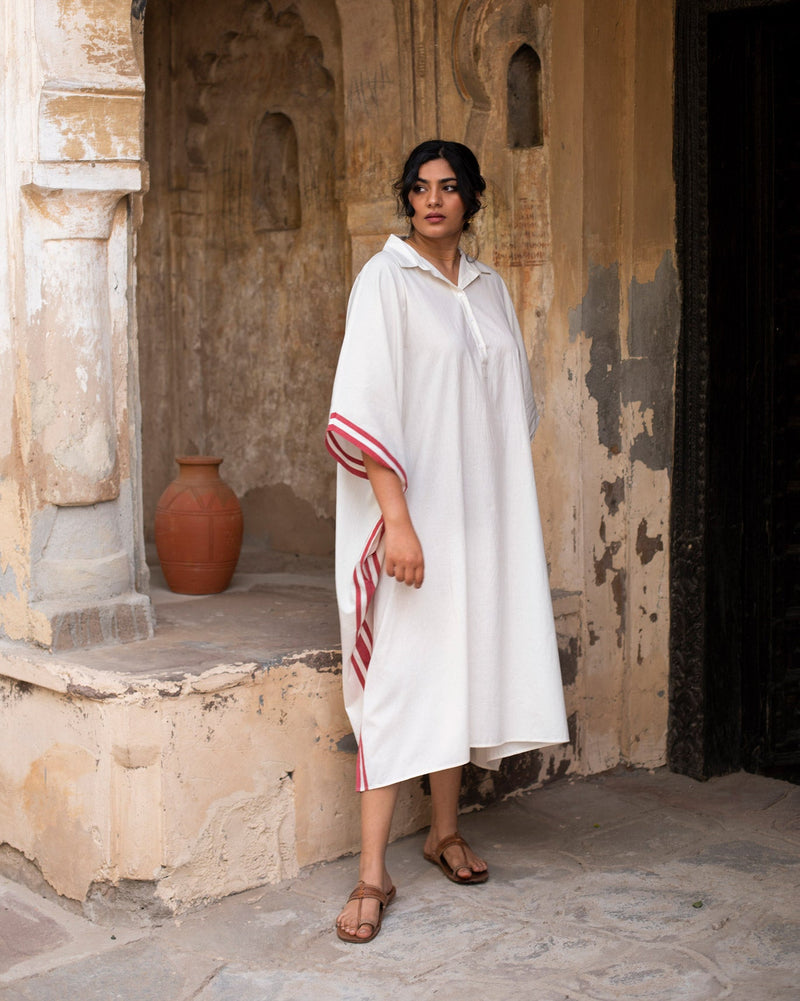 Collared Kaftan - Ivory & Red