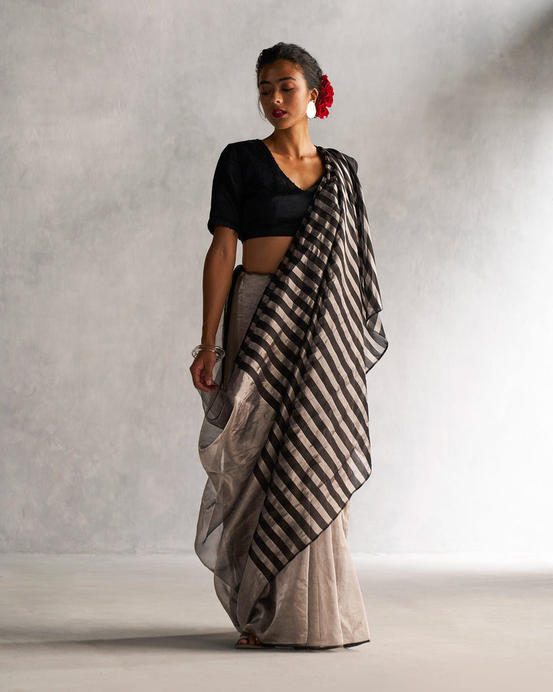 Zari Stripe Sari - Silver & Black